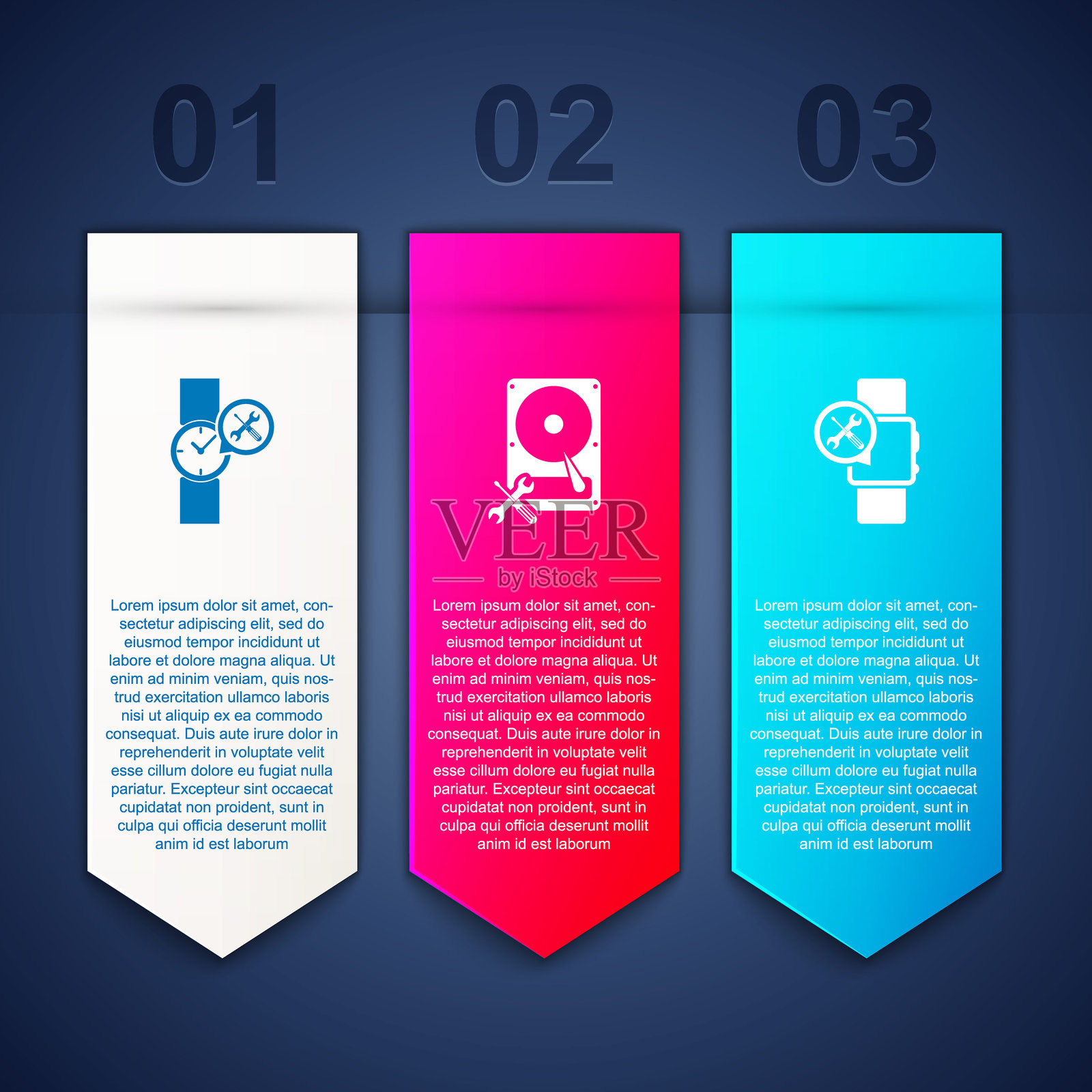 手表维修、硬盘驱动器和智能手表。商业信息图模板。矢量图。插画图片素材