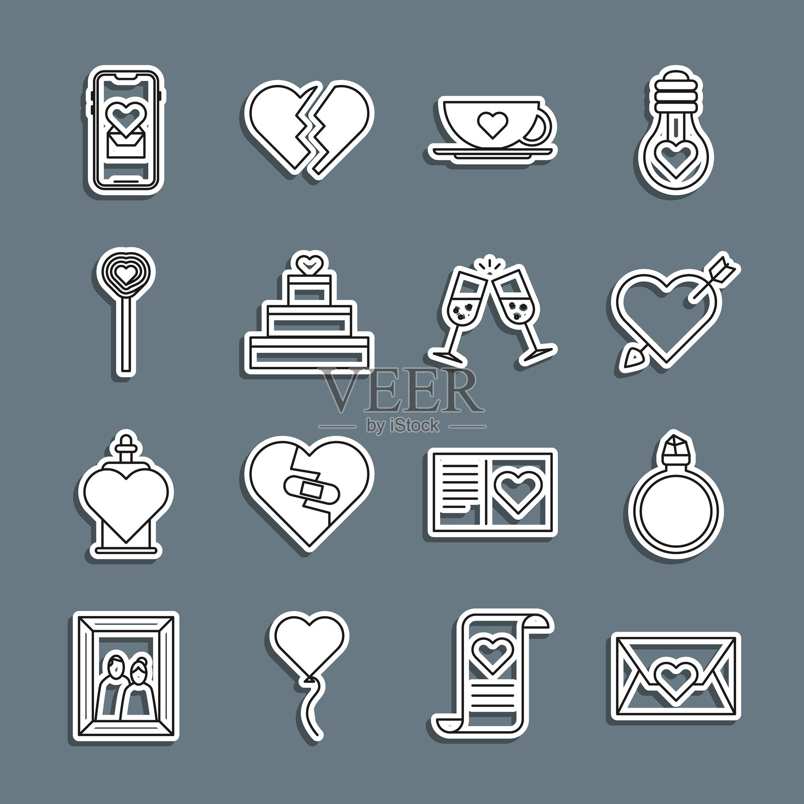 情人节心形信封、钻石订婚戒指、爱与箭、咖啡杯、婚礼蛋糕、棒棒糖、手机和香槟杯图标。矢量图。插画图片素材