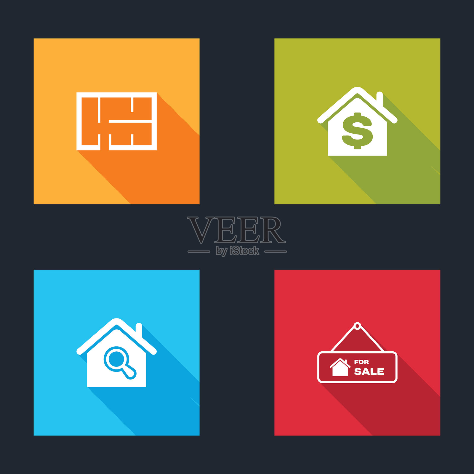 房屋平面图，带美元符号，搜索房屋和“待售”悬挂标志图标。矢量图。插画图片素材