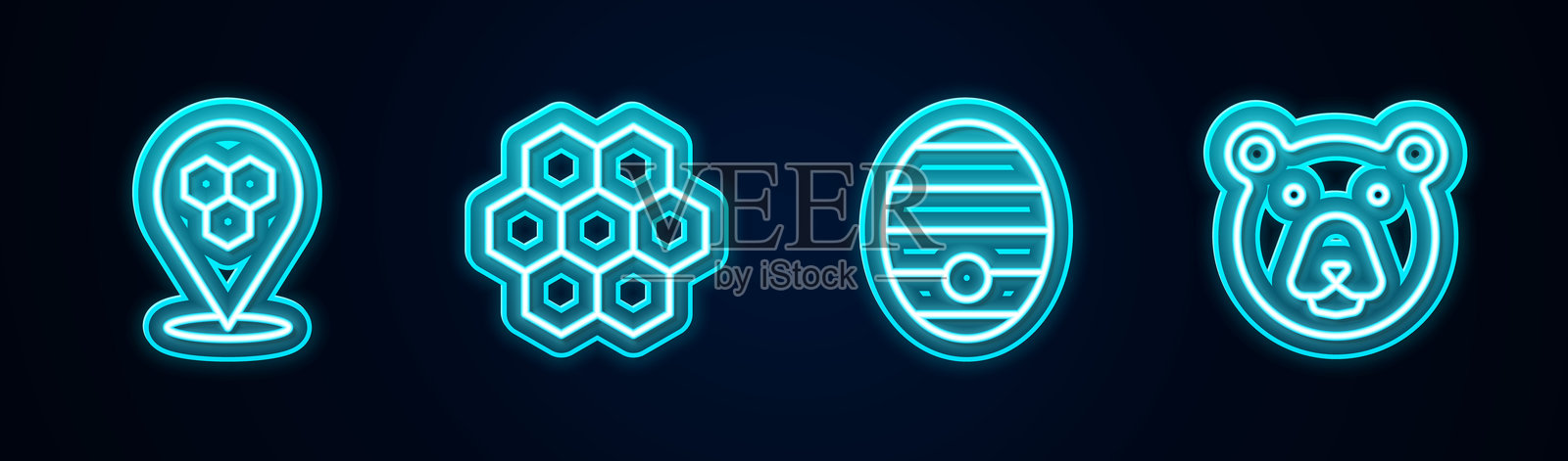 蜂窝蜜蜂位置，蜜蜂巢穴和熊头。发光的霓虹图标。矢量图。插画图片素材