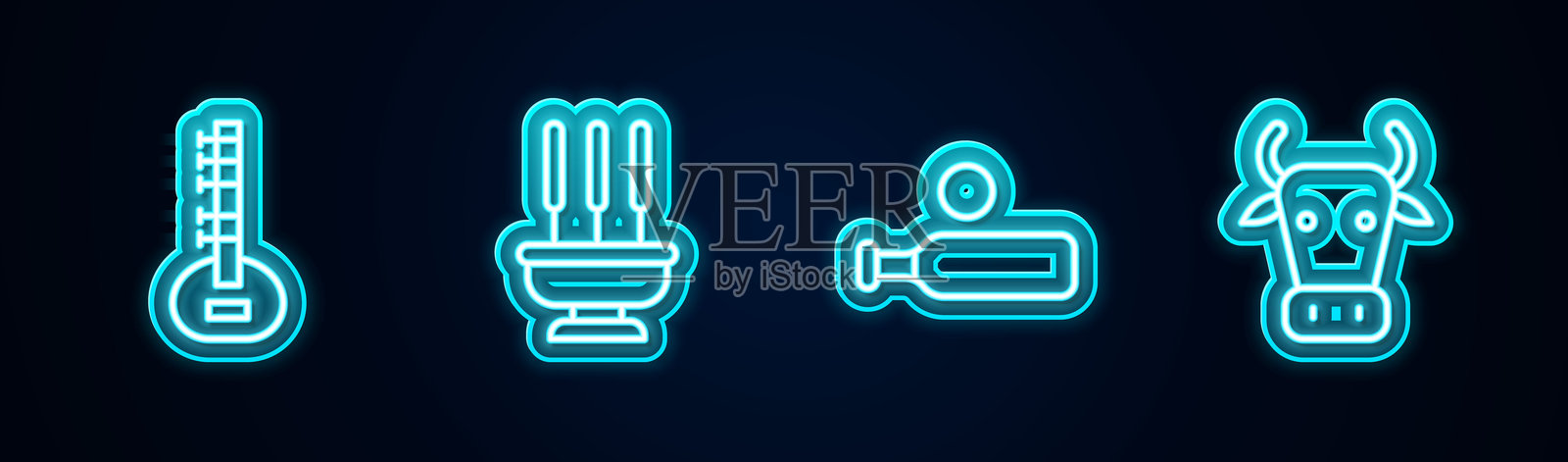 发光的霓虹图标：坐琴、香、木制板球棒和球、牛。矢量图。插画图片素材