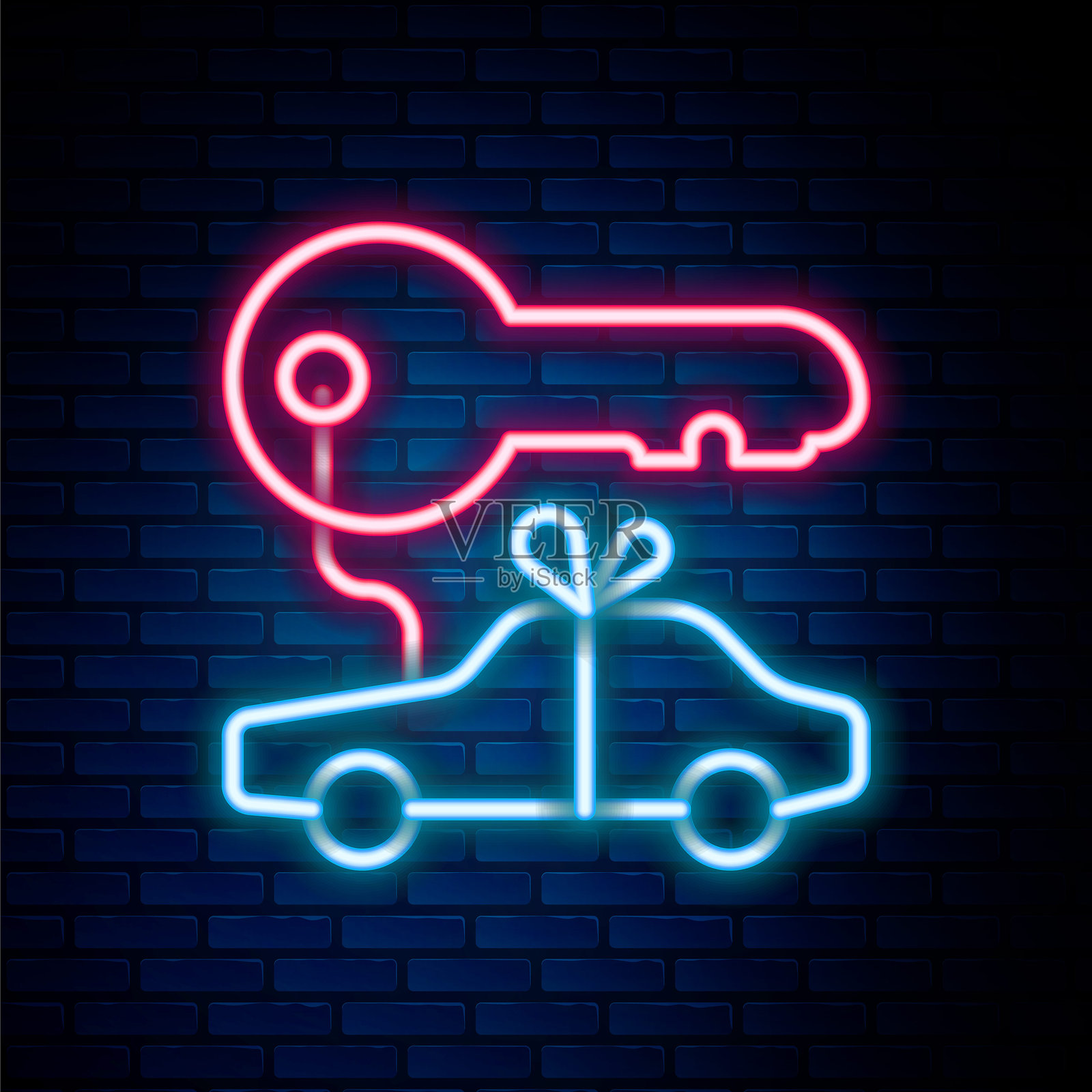 发光的霓虹线汽车礼物图标，背景为砖墙。汽车钥匙奖品。彩色轮廓概念。矢量图。插画图片素材