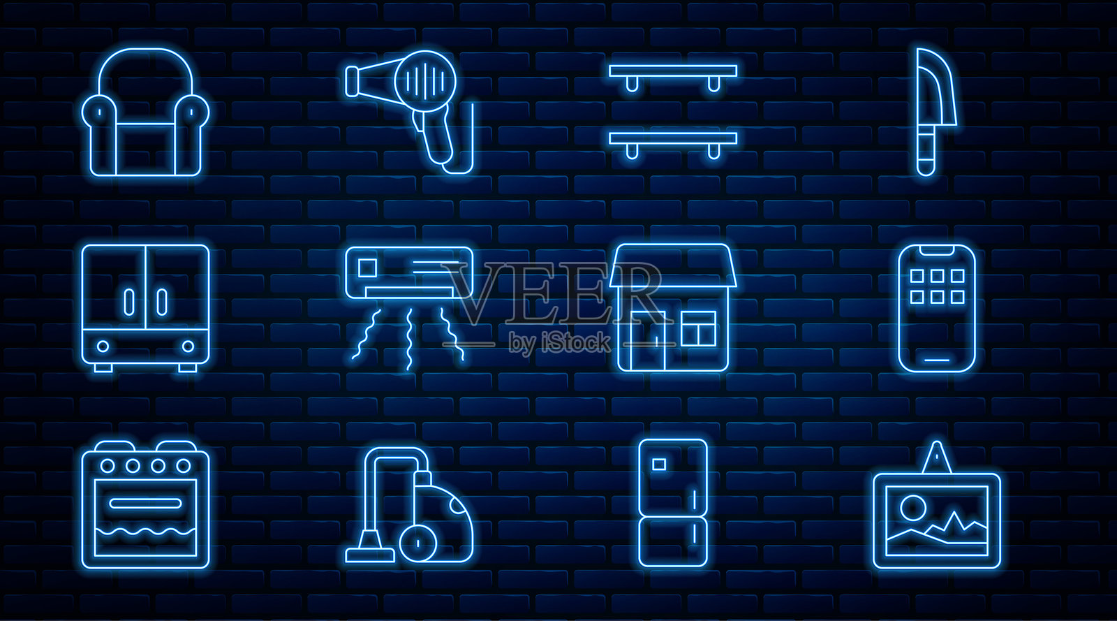 设置线条图片，移动应用程序，空木架，空调，衣柜，扶手椅，房屋和吹风机图标。矢量插画图片素材