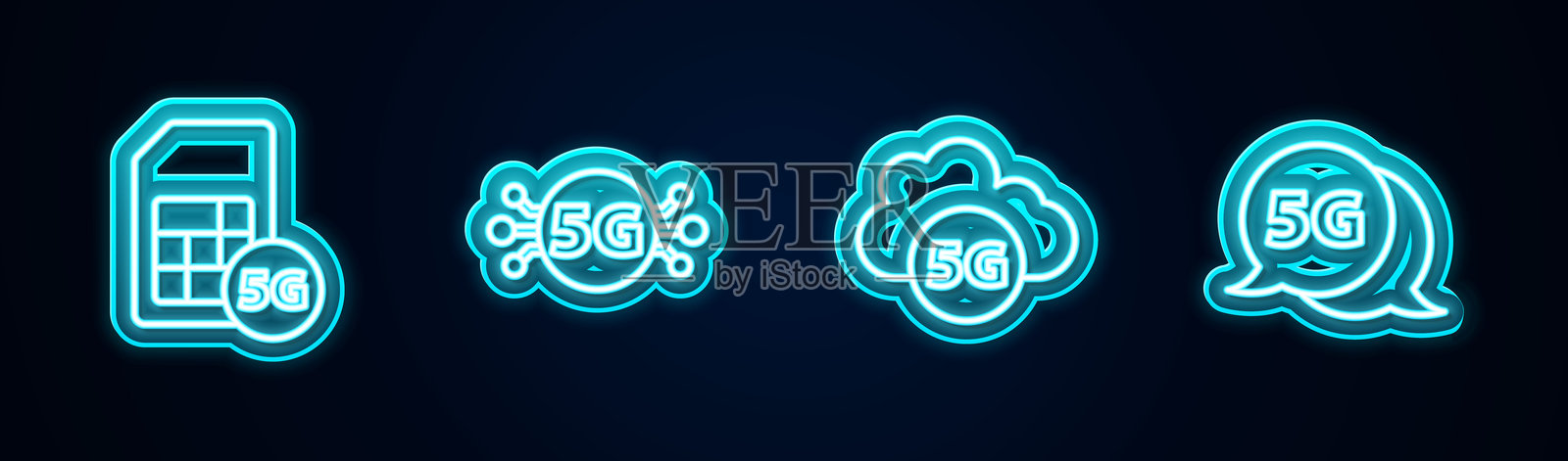 5G SIM卡、网络、云和发光霓虹图标。矢量图。插画图片素材