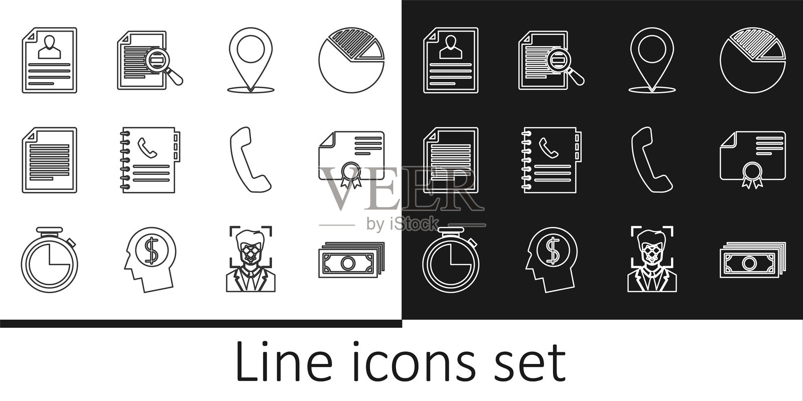 堆叠纸币现金、证书模板、地图图钉、电话簿、文件、简历、电话听筒和搜索图标。矢量图。插画图片素材