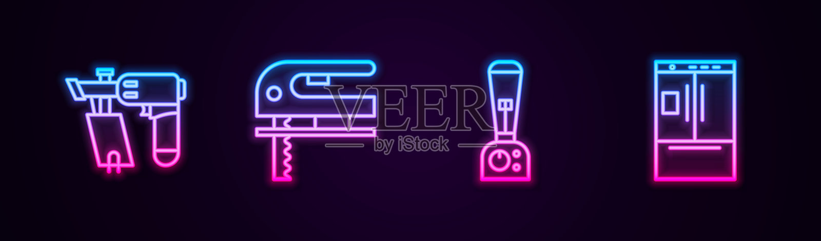 线性钉枪、电动曲线锯、搅拌机和冰箱。发光霓虹图标。矢量图。插画图片素材