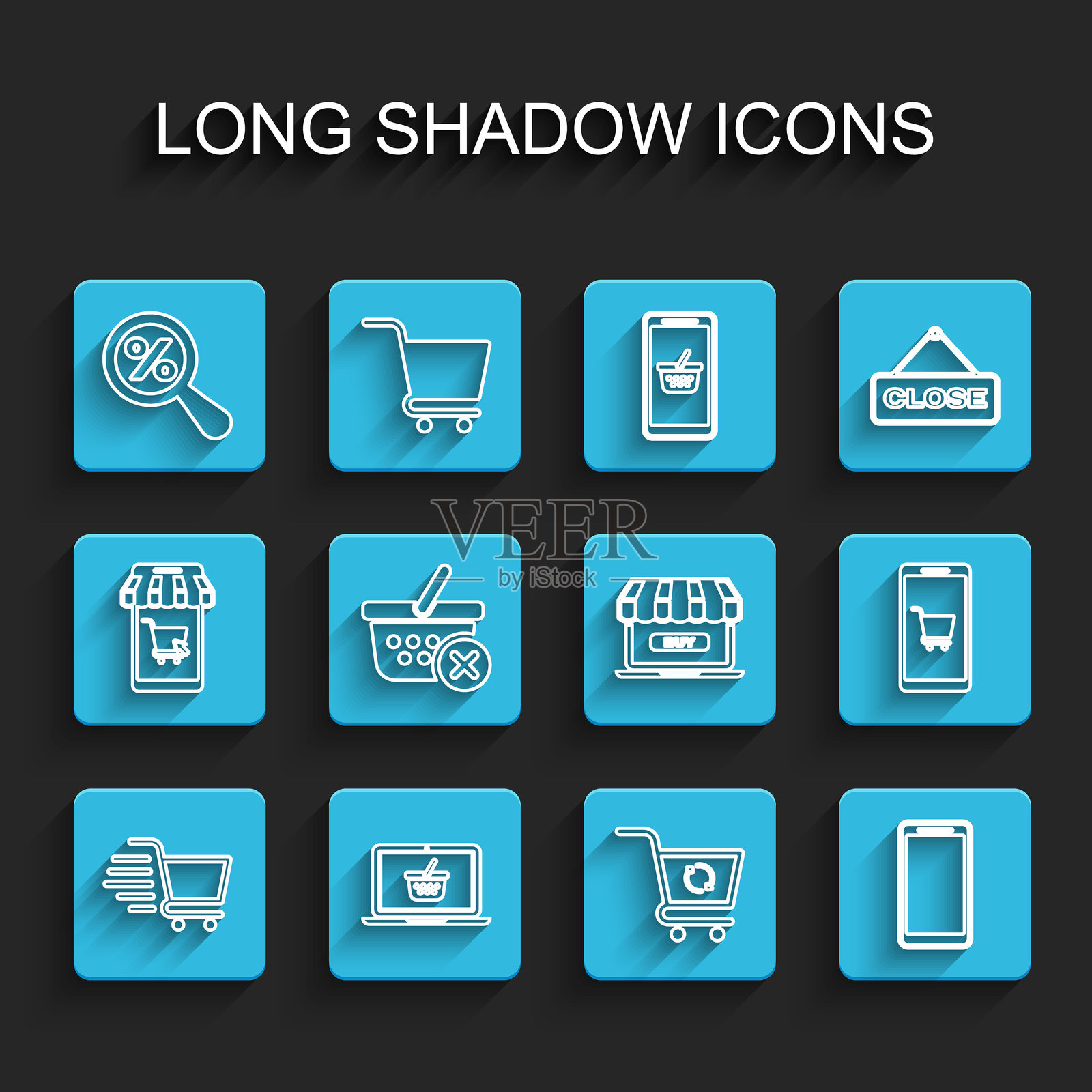 购物车、笔记本电脑上的购物篮、带百分比的放大镜、刷新购物、智能手机、移动电话、删除、移动和在线图标。矢量图。插画图片素材