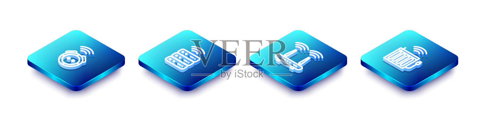 等距线条图标：机器人吸尘器、智能服务器、路由器、Wi-Fi信号和暖气散热器。矢量图。插画图片素材