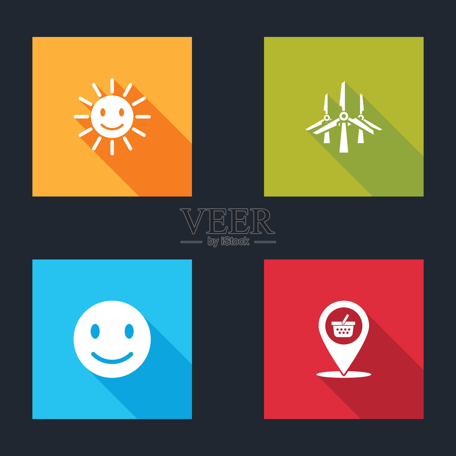 可爱的微笑太阳、风力涡轮机、笑脸和购物篮图标。矢量图。插画图片素材