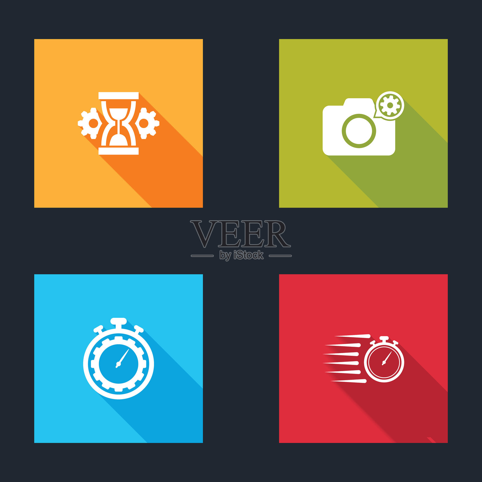 沙漏设置、相机、时间管理和秒表图标。矢量图。插画图片素材