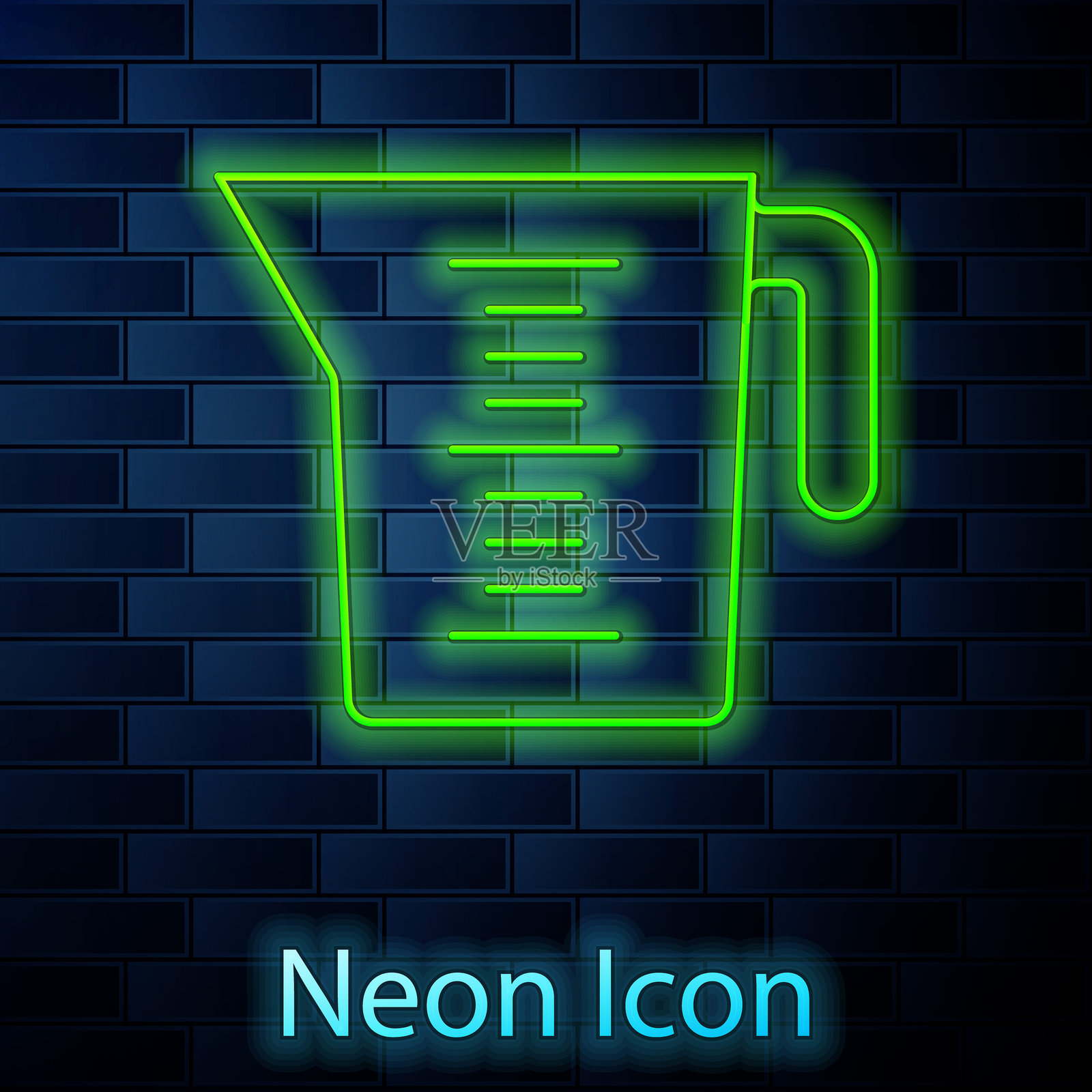 发光的霓虹线测量杯图标，用于测量干燥和液体食品，背景为砖墙。带把手的塑料量杯。矢量图。插画图片素材