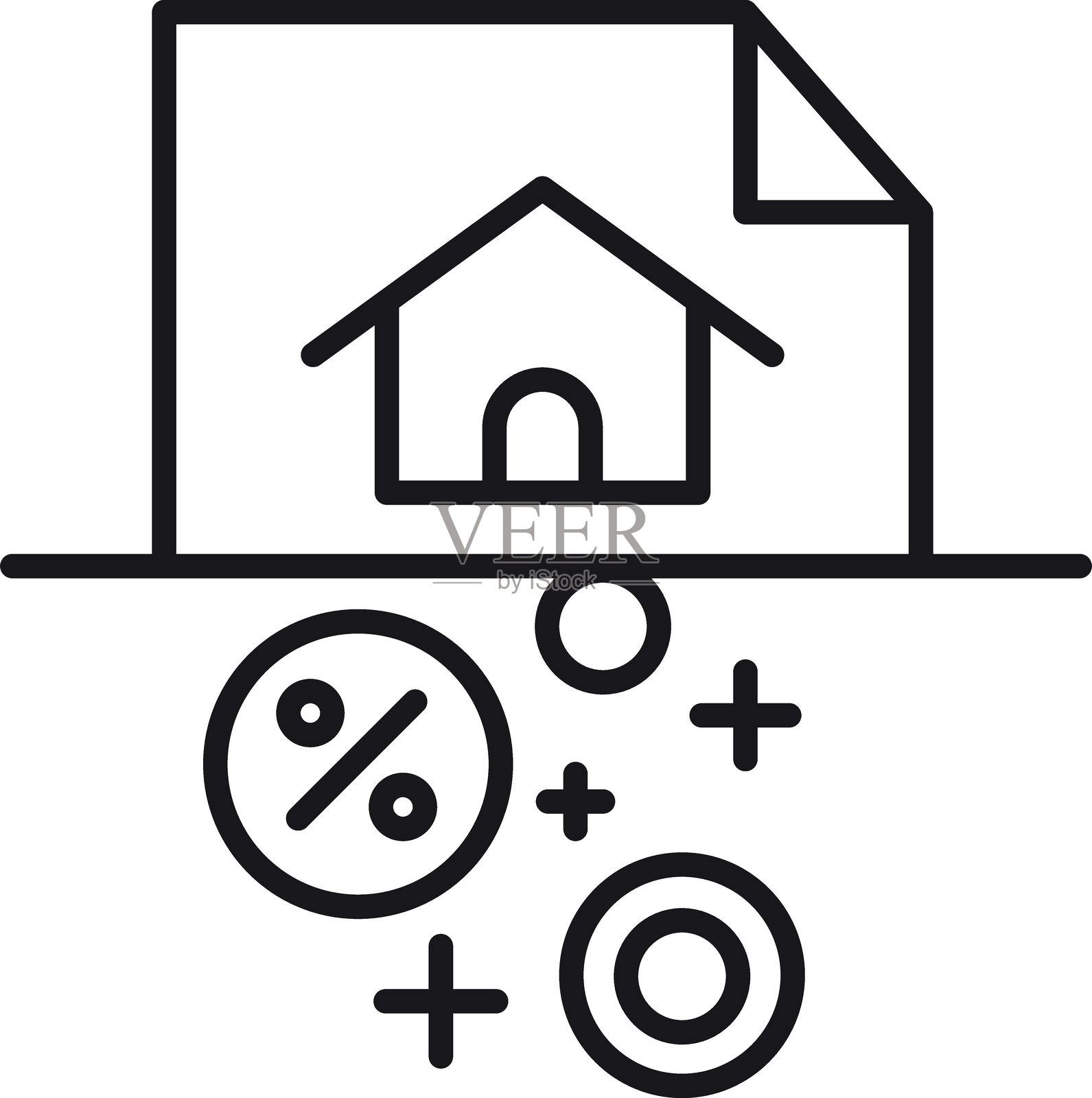 概念设计的房屋图标，底部有金融符号，采用细线风格。插画图片素材