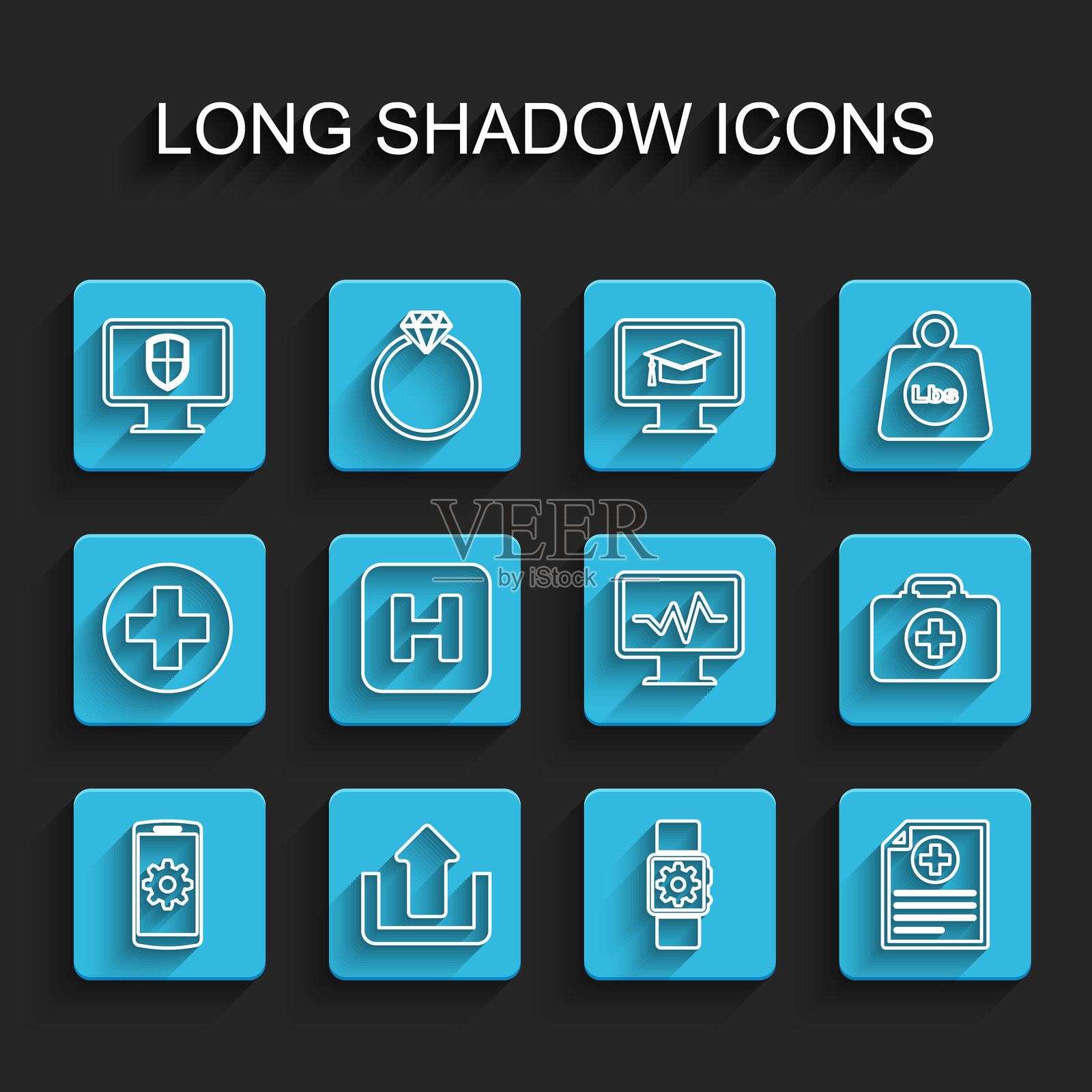 智能手机上的设置线，上传，监控和保护，智能手表设置，临床记录，医院，急救包和心电图图标。矢量图插画图片素材