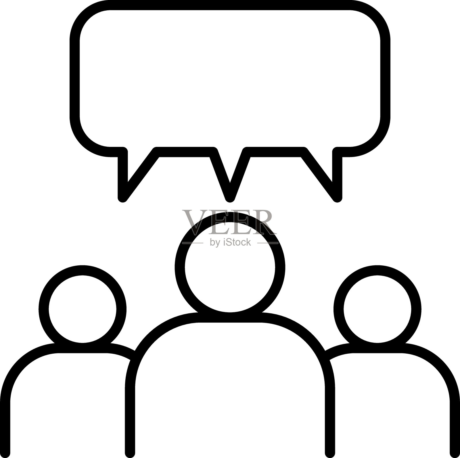 三人小组讨论符号，带有对话气泡，采用细线风格插画图片素材