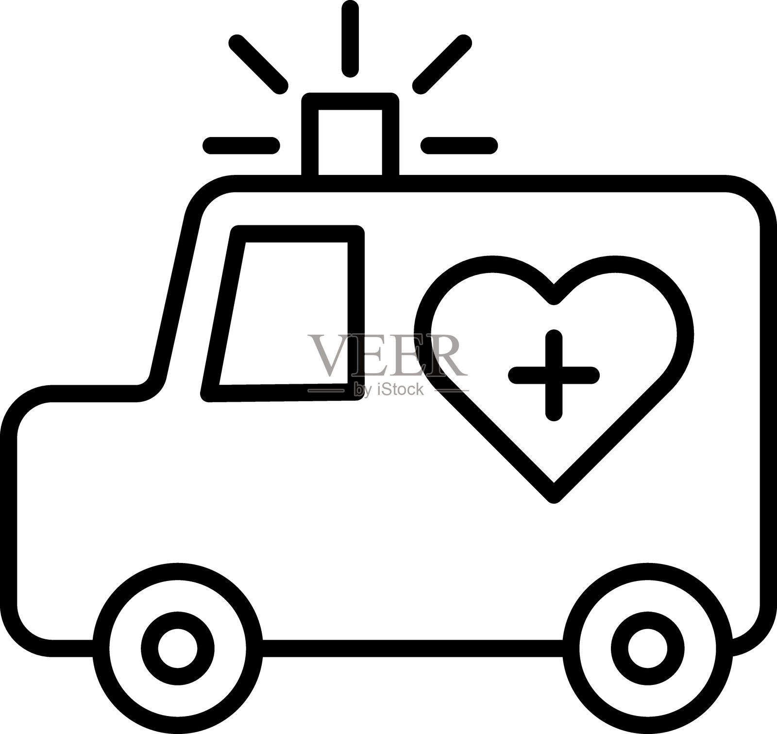 紧急救护车图标，带有心形符号和警报，采用细线风格。插画图片素材