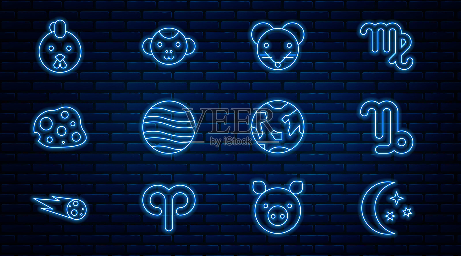 设置线条月亮和星星，摩羯座，老鼠，木星，小行星，鸡，地球和猴子图标。矢量图。插画图片素材