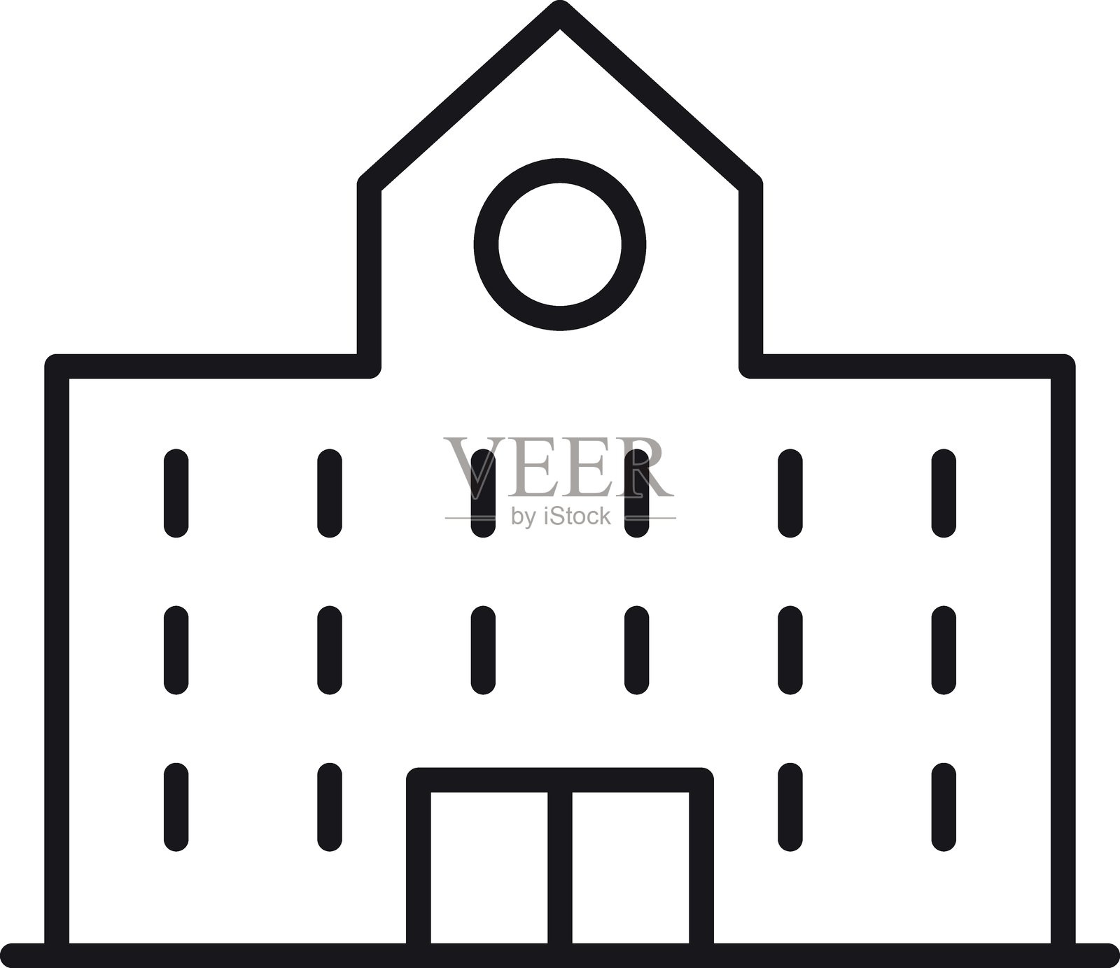 建筑轮廓图标，带有圆形窗户和对称设计，采用细线风格。插画图片素材