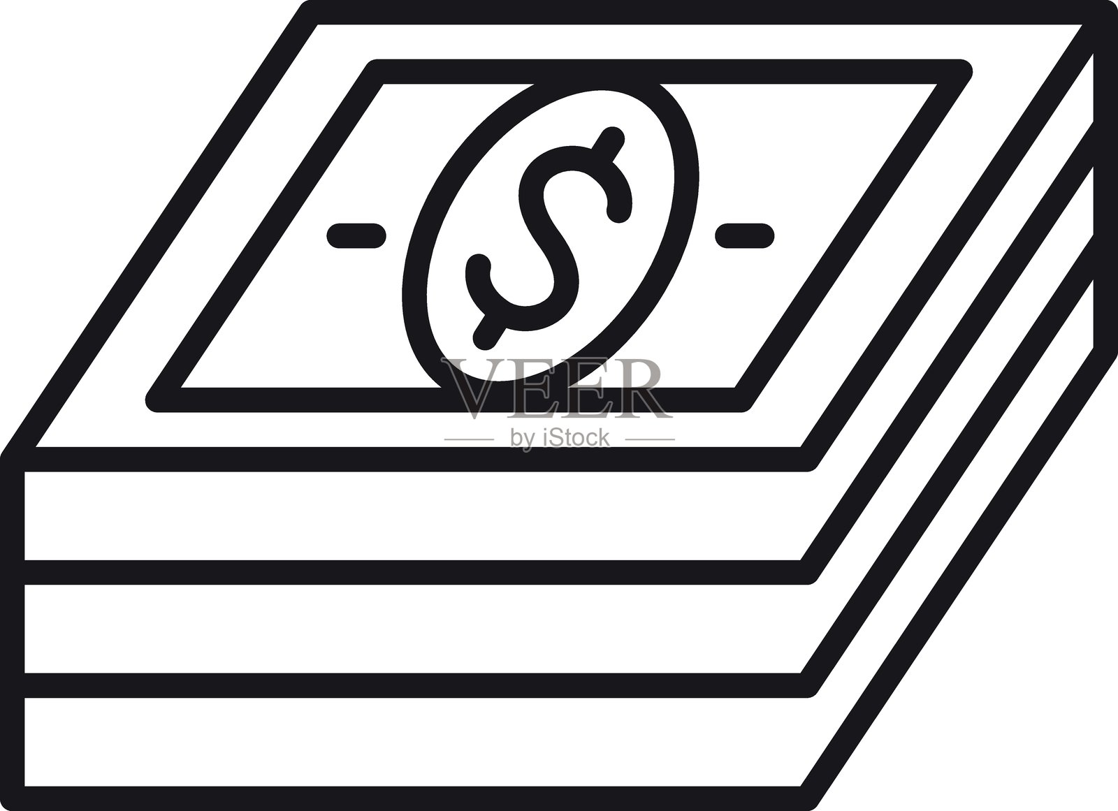 带有美元符号的现金堆图标插图，采用细线风格。插画图片素材