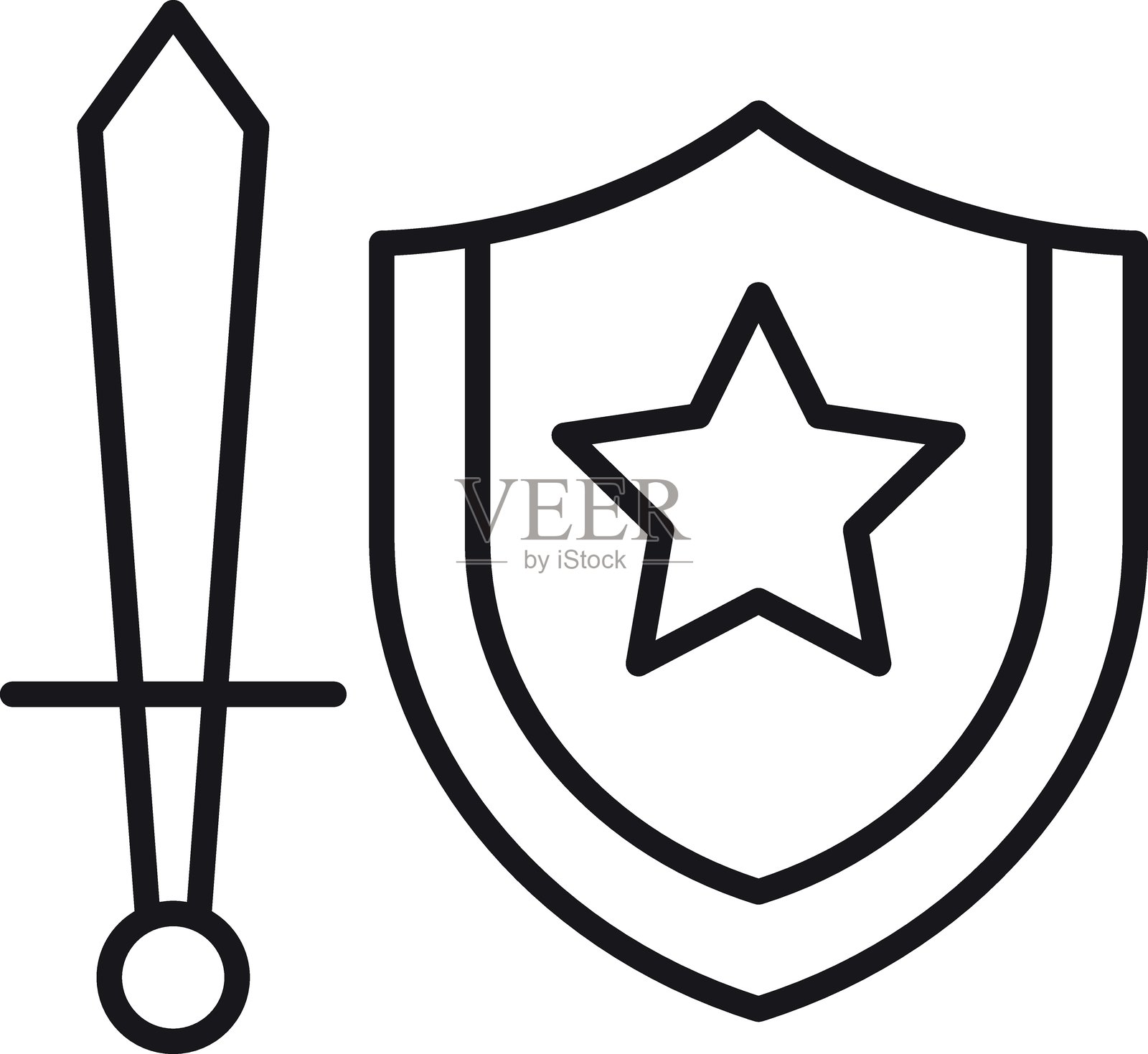 盾牌和剑的图标，象征着保护和防御，采用细线风格。插画图片素材
