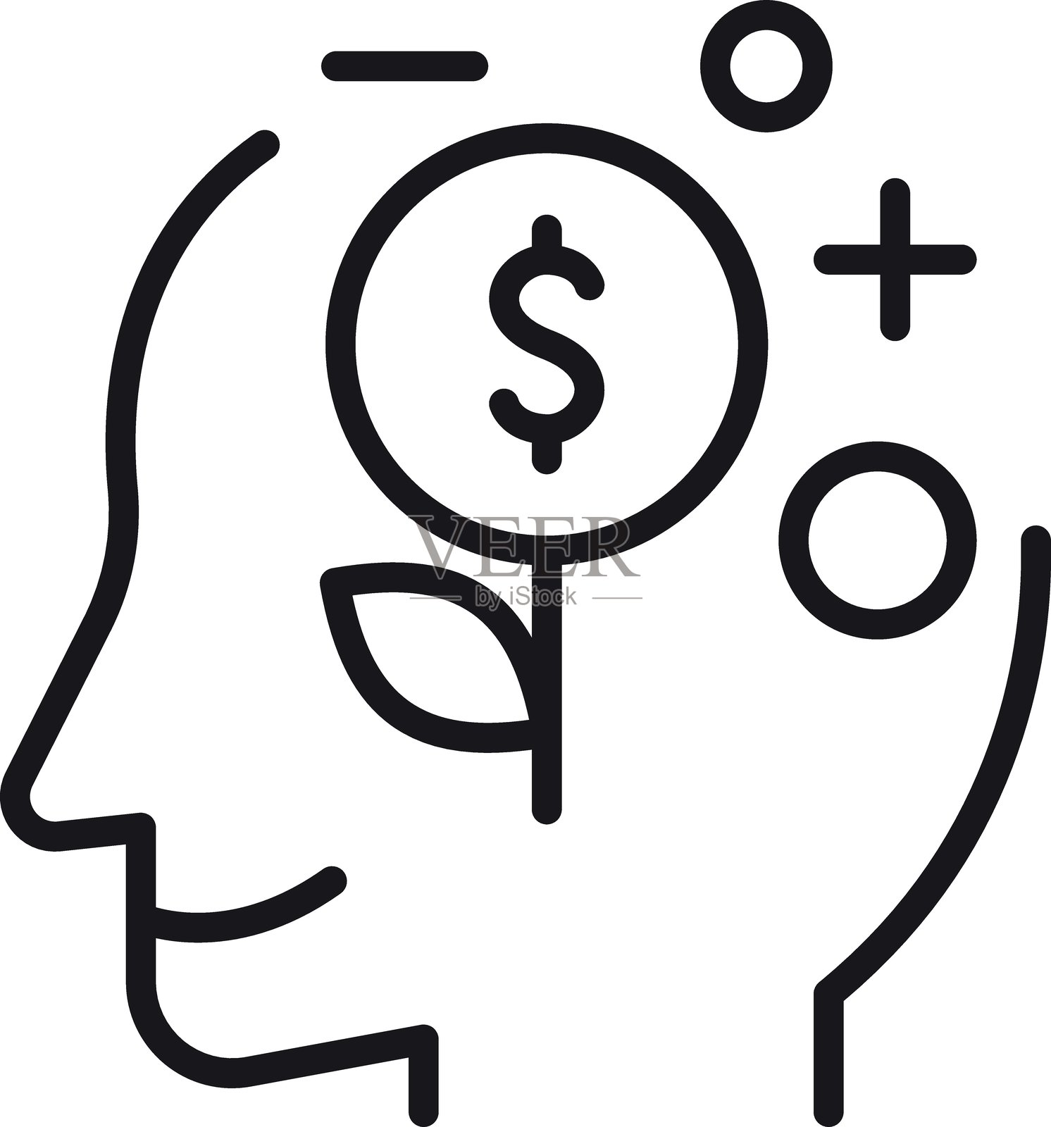 带有金融和自然元素的思考面孔图标插图，采用细线风格。插画图片素材