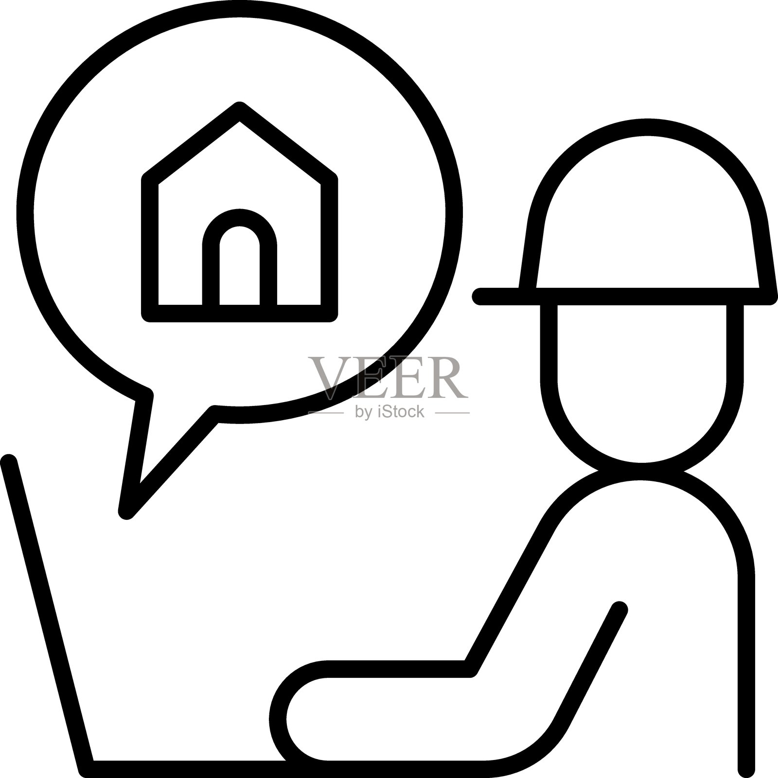 使用笔记本电脑的建筑工人，气泡中有家居图标，采用细线风格插画图片素材