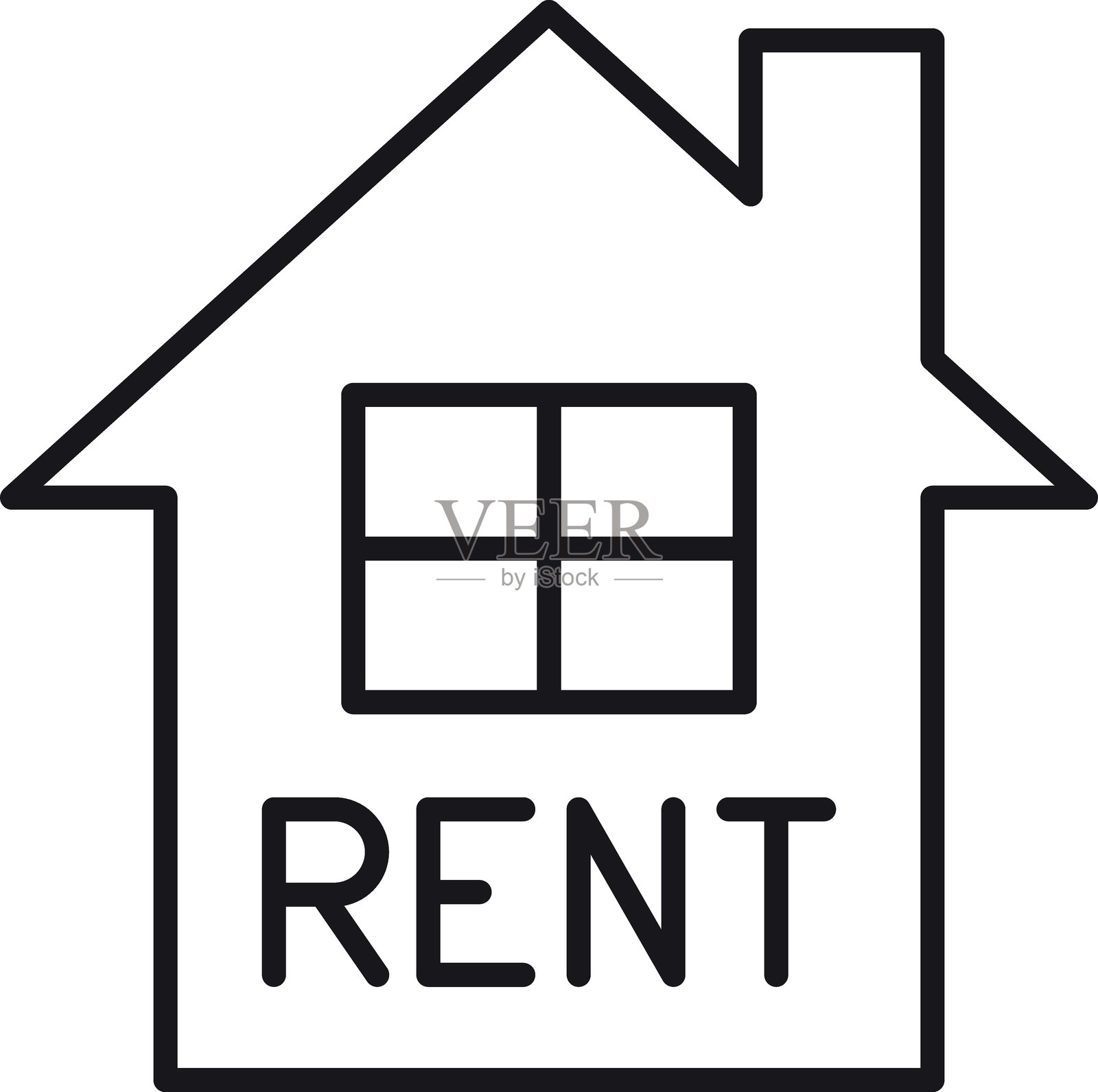 房屋图标，内部显著显示“出租”字样，采用细线风格。插画图片素材