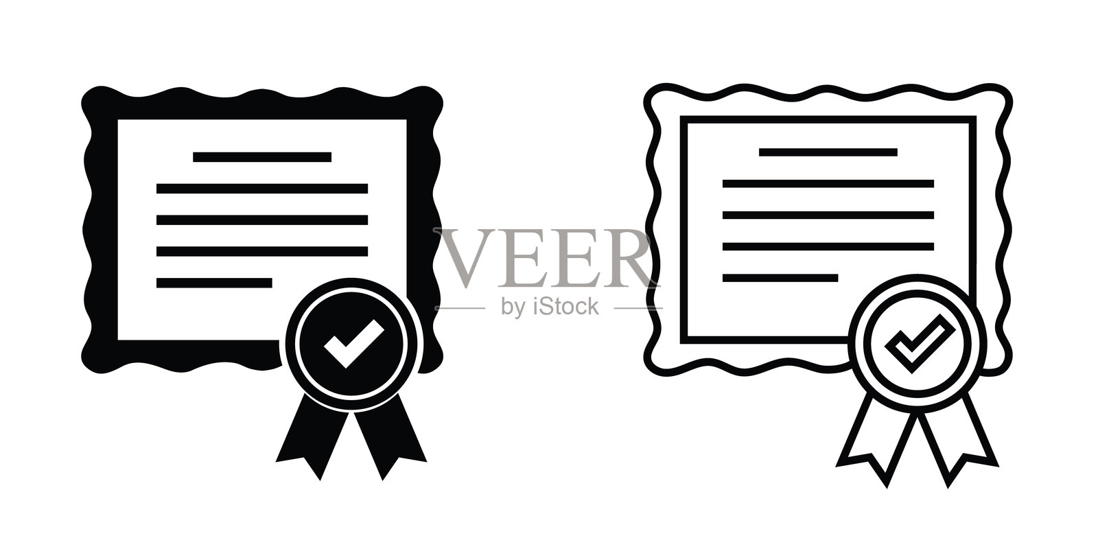 带有勾号和丝带的证书，代表在各个学科或技能领域的成就插画图片素材