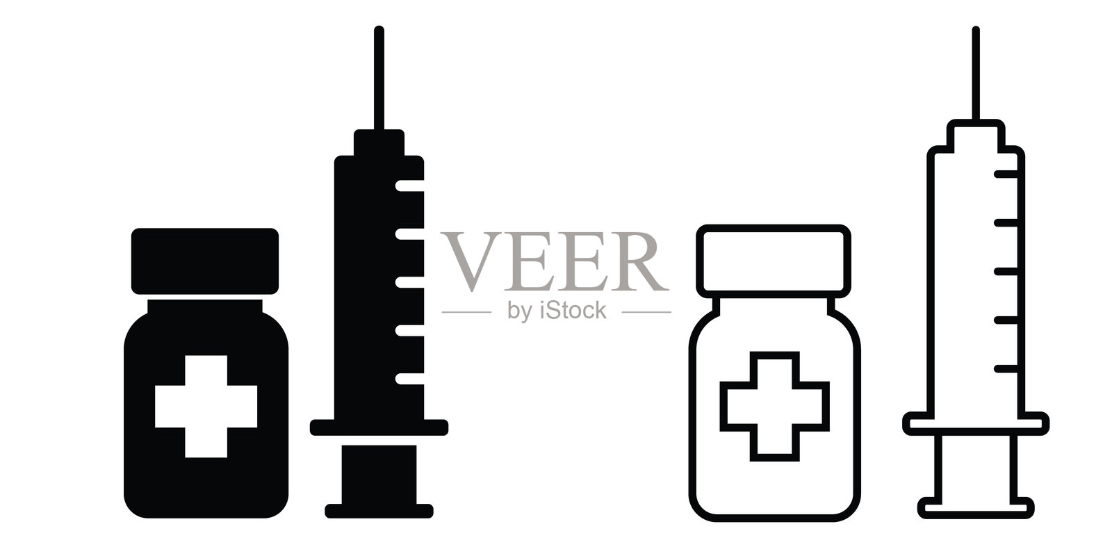 现代设计的疫苗和医疗程序图标，包括小瓶和注射器插画图片素材