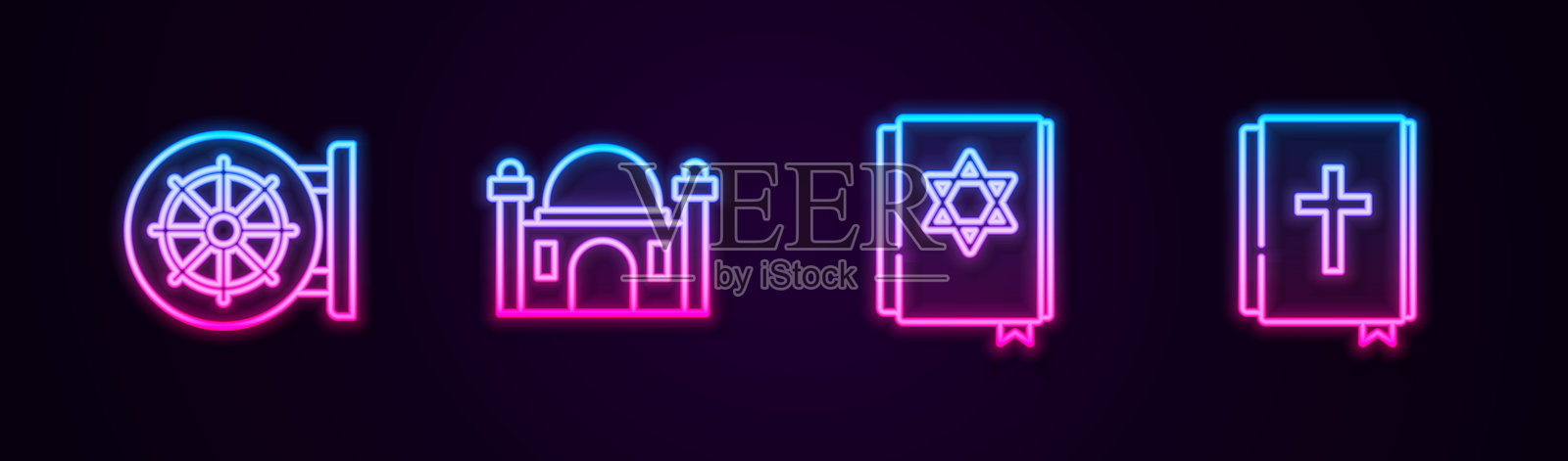 发光的霓虹图标：佛教法轮、穆斯林清真寺、犹太教托拉书和圣经。矢量图。插画图片素材
