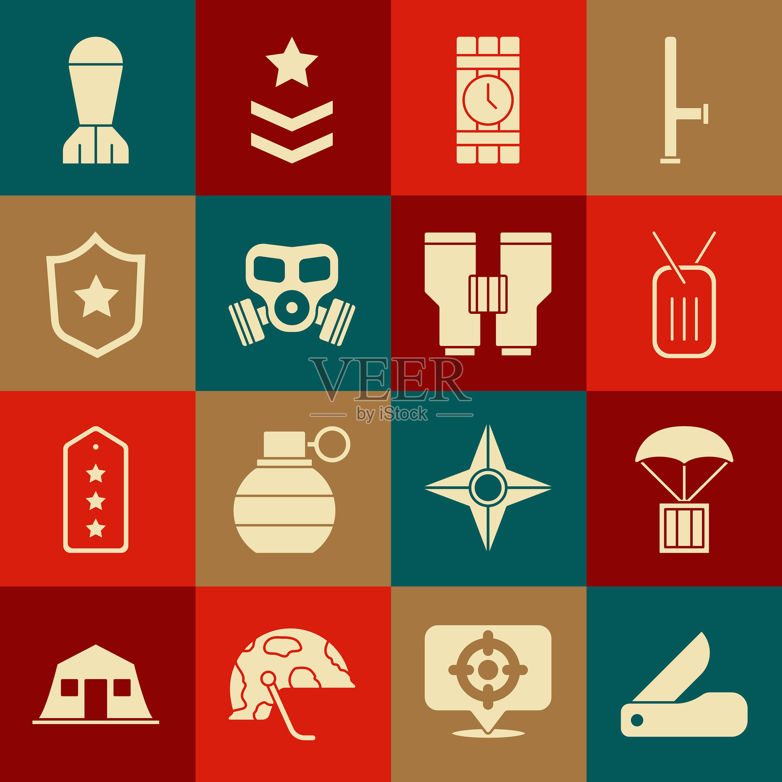 瑞士军刀、空投箱、军用狗牌、炸药和定时器、毒气面具、奖励勋章、航空炸弹和望远镜图标。矢量图。插画图片素材