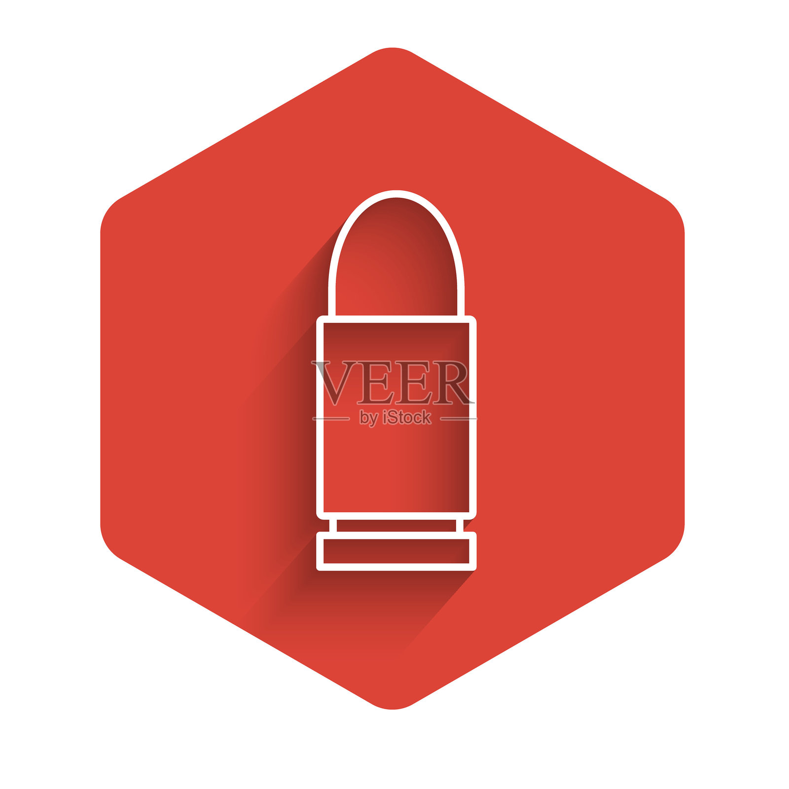 白色线条子弹图标，带有长阴影。红色六边形按钮。矢量图。插画图片素材