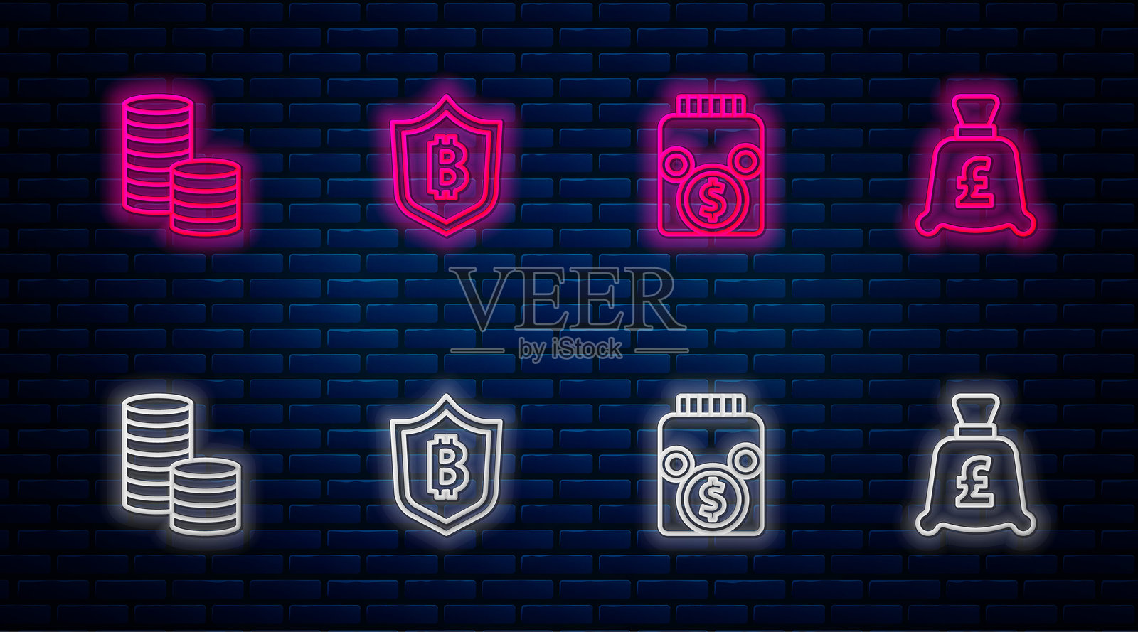 比特币的保护线，玻璃钱罐，美元和英镑硬币。砖墙上的发光霓虹图标。矢量图。插画图片素材