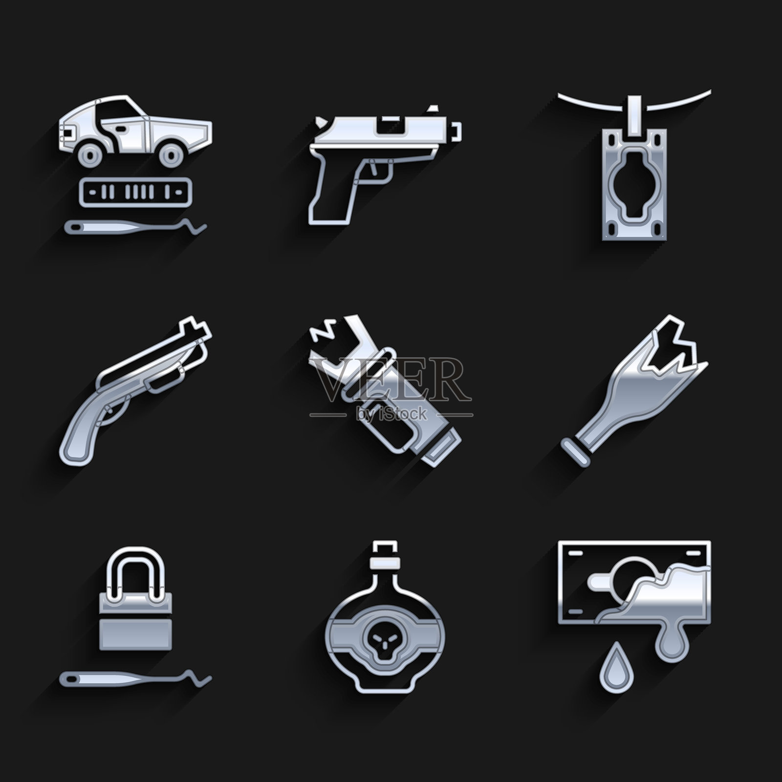 警察电击器，瓶中的毒药，血腥的钱，作为武器的破碎物品，开锁工具，霰弹枪，洗钱和汽车盗窃图标。矢量图。插画图片素材