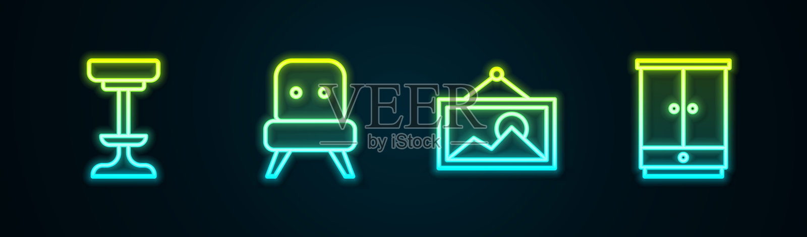 线条椅子、扶手椅、图片和衣柜。发光的霓虹图标。矢量图。插画图片素材