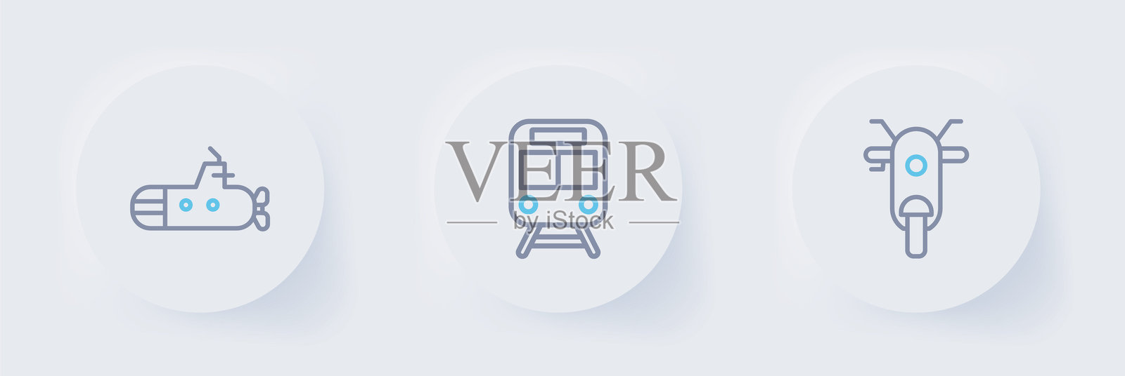 设定线条滑板车、火车和铁路以及潜艇图标。矢量图。插画图片素材