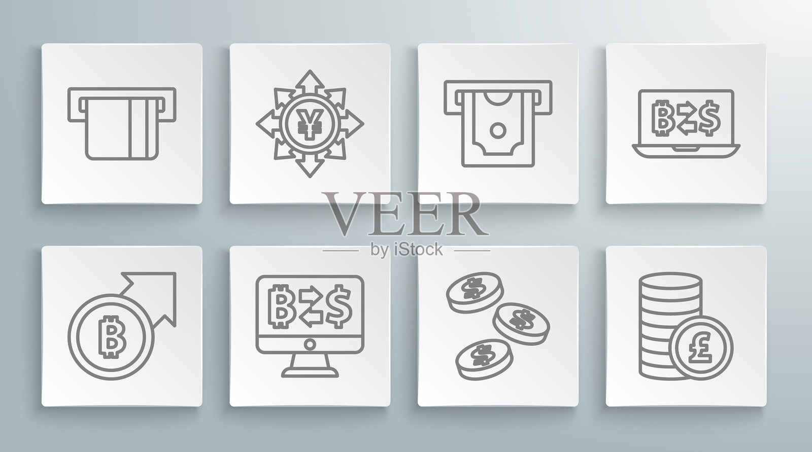 金融增长与比特币，硬币与日元，数字货币交易，美元，英镑，ATM和插入信用卡图标。矢量图。插画图片素材