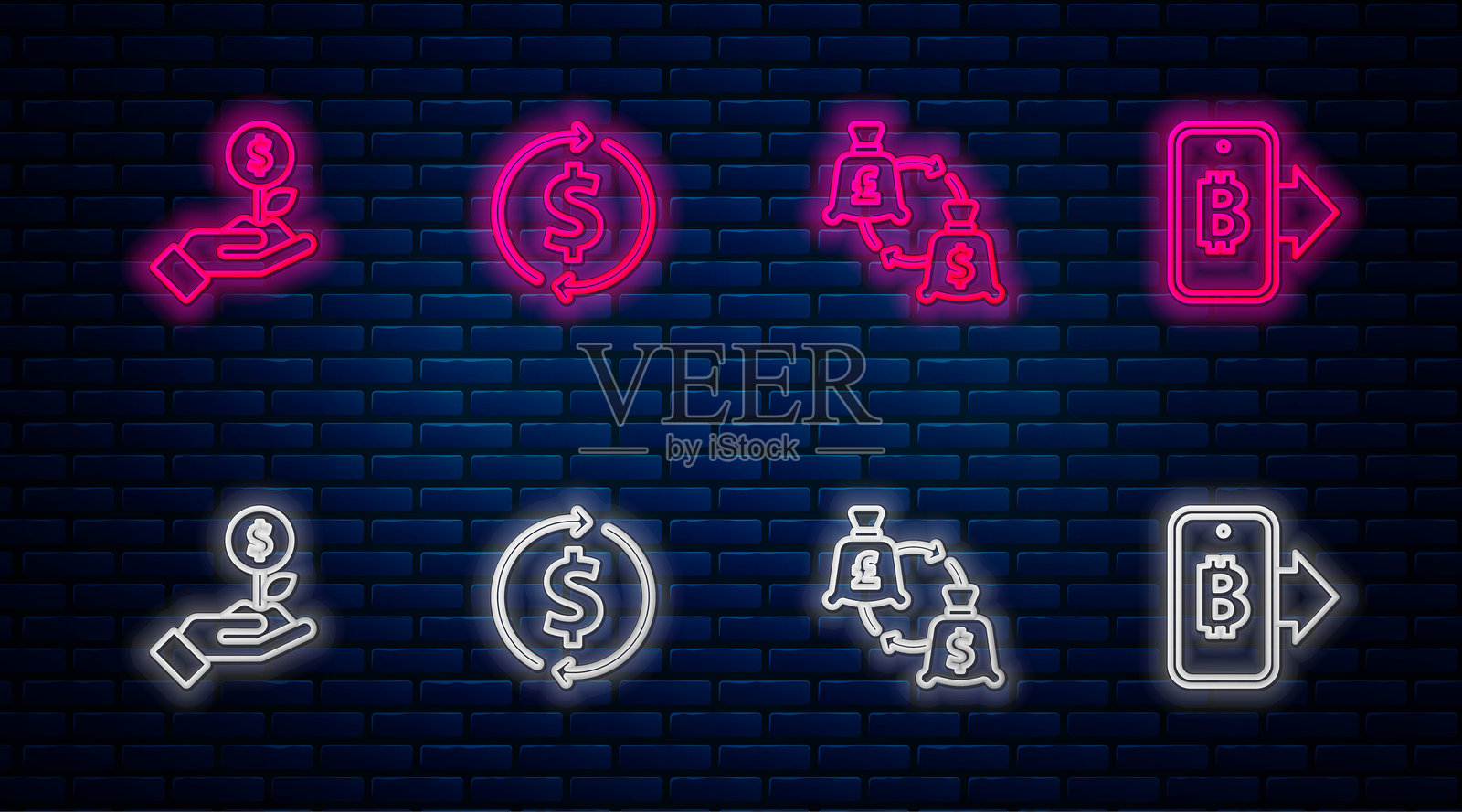 金融增长与美元，货币兑换，美元植物与手机挖矿比特币。砖墙上的发光霓虹图标。矢量图。插画图片素材
