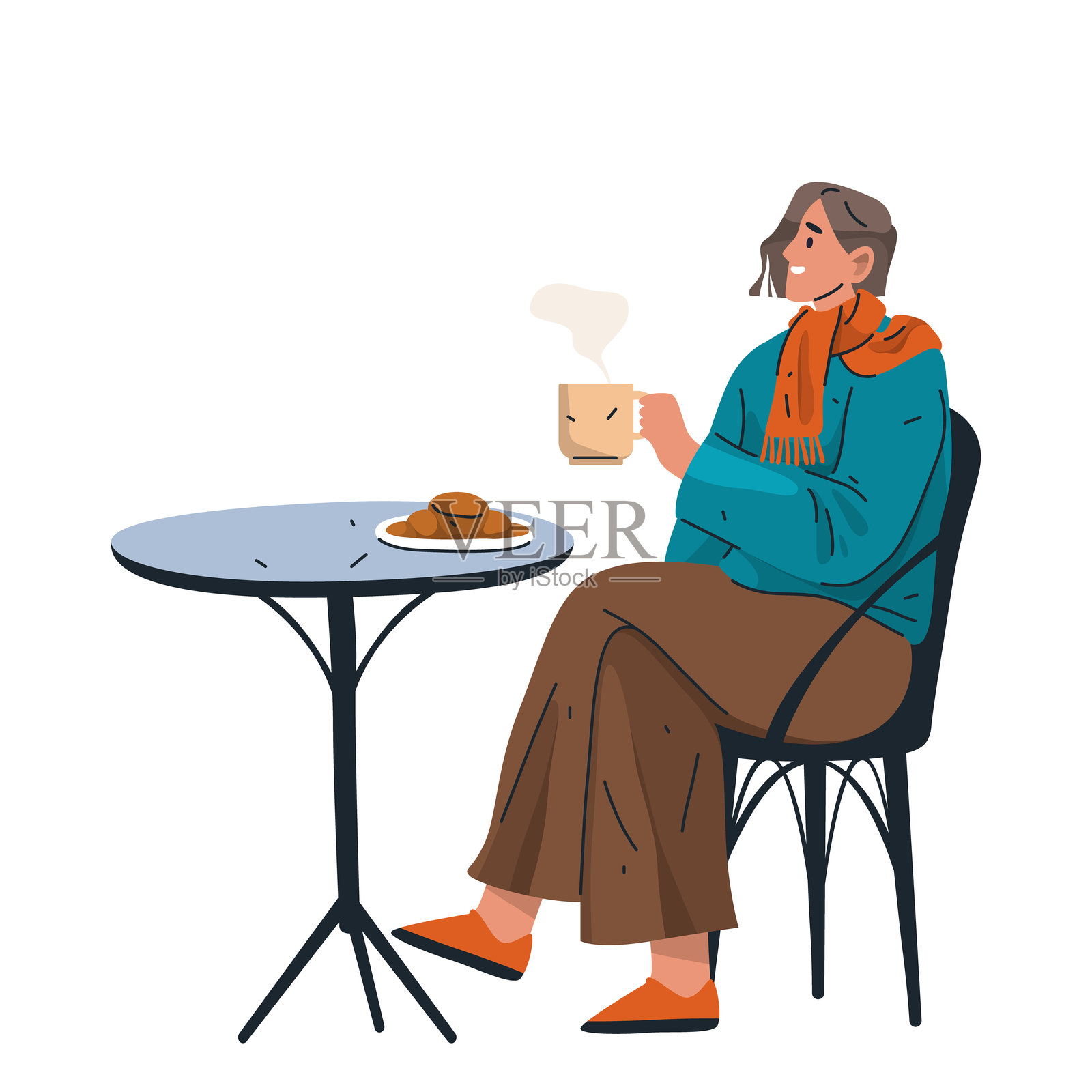 法国早餐场景与女性。矢量咖啡馆。插画图片素材