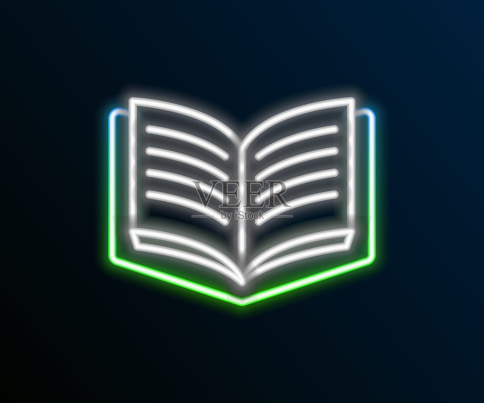 发光的霓虹线开放书本图标，背景为黑色。彩色轮廓概念。矢量图。插画图片素材