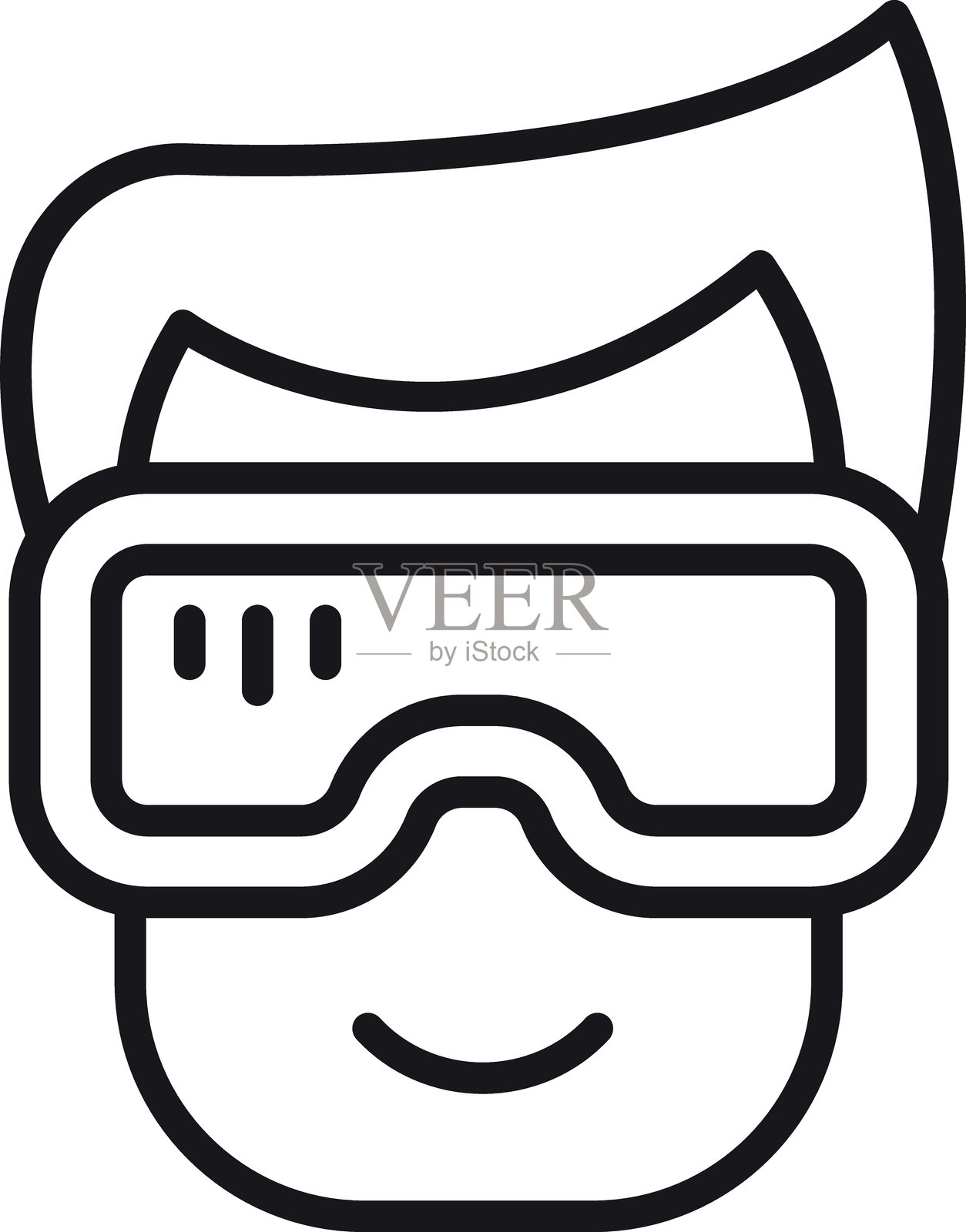 微笑的人戴着虚拟现实眼镜，采用简单的图形风格，线条细腻。插画图片素材