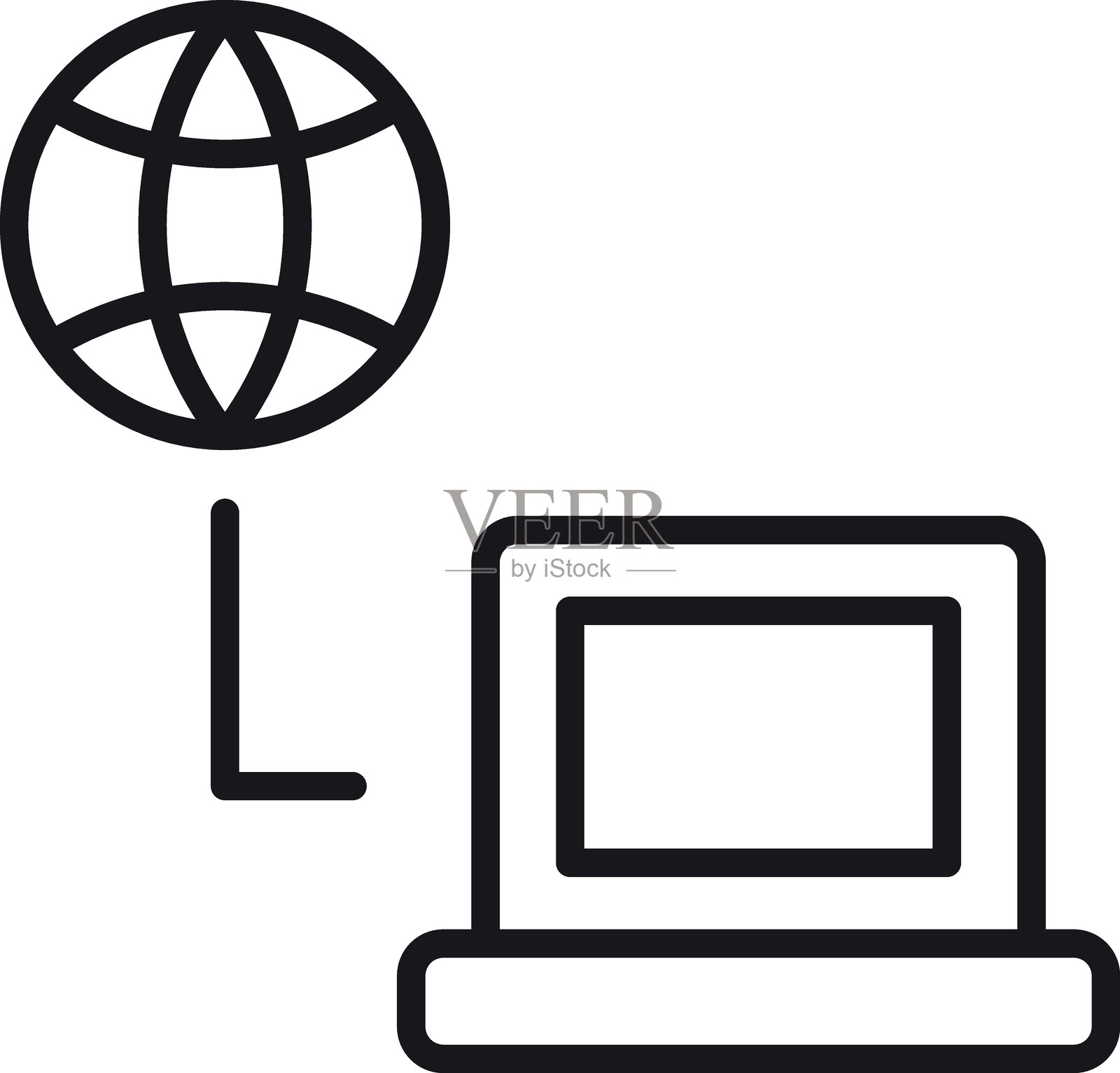 数字地球和笔记本电脑图标，代表技术连接，采用细线风格。插画图片素材