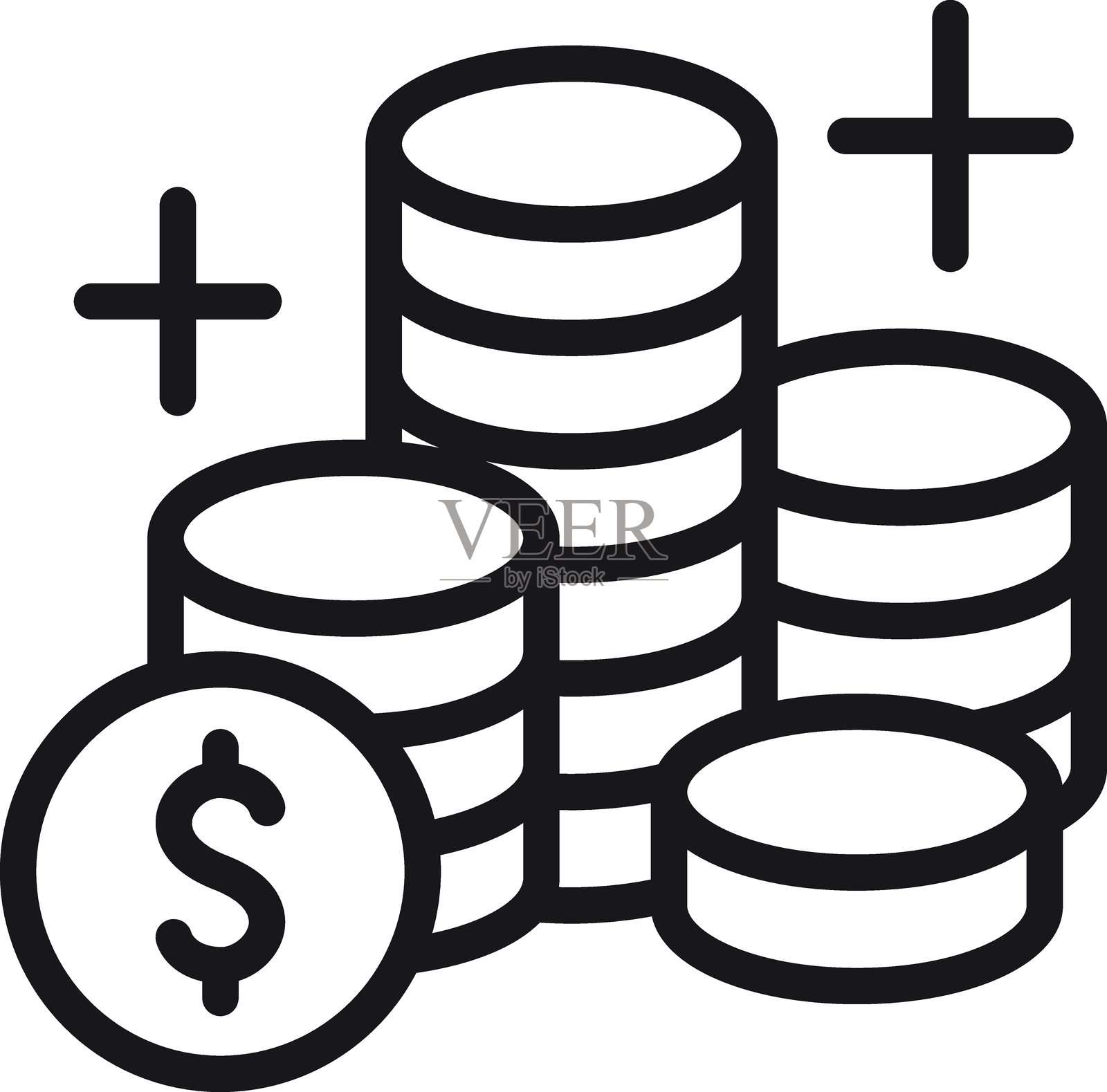象征财富和金融的带有美元符号的硬币堆叠图标，采用细线风格。插画图片素材