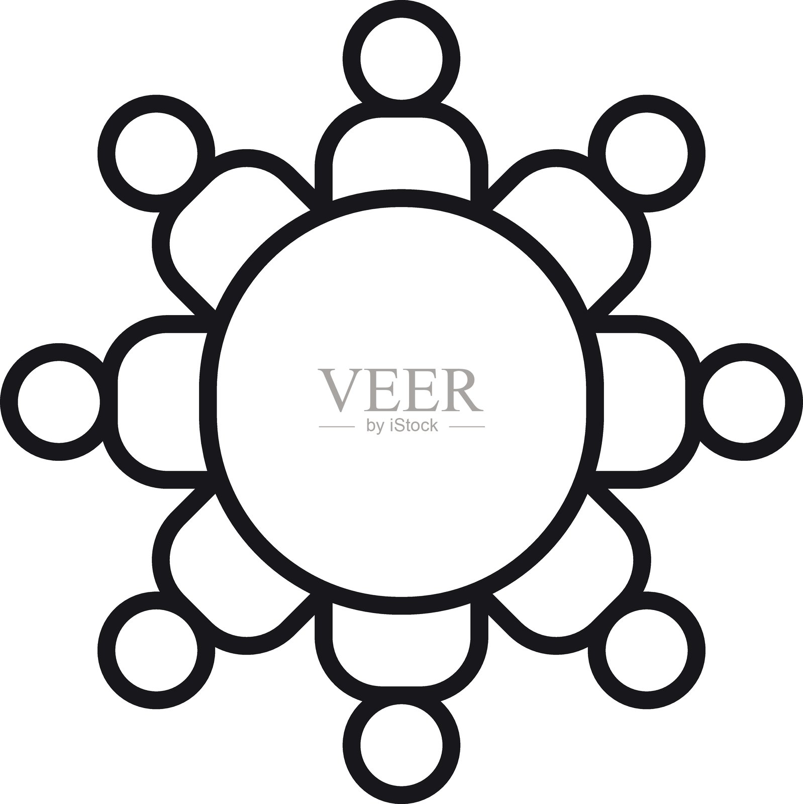 协作图标，包含相互连接的人物和一个中央圆圈，采用细线风格。插画图片素材