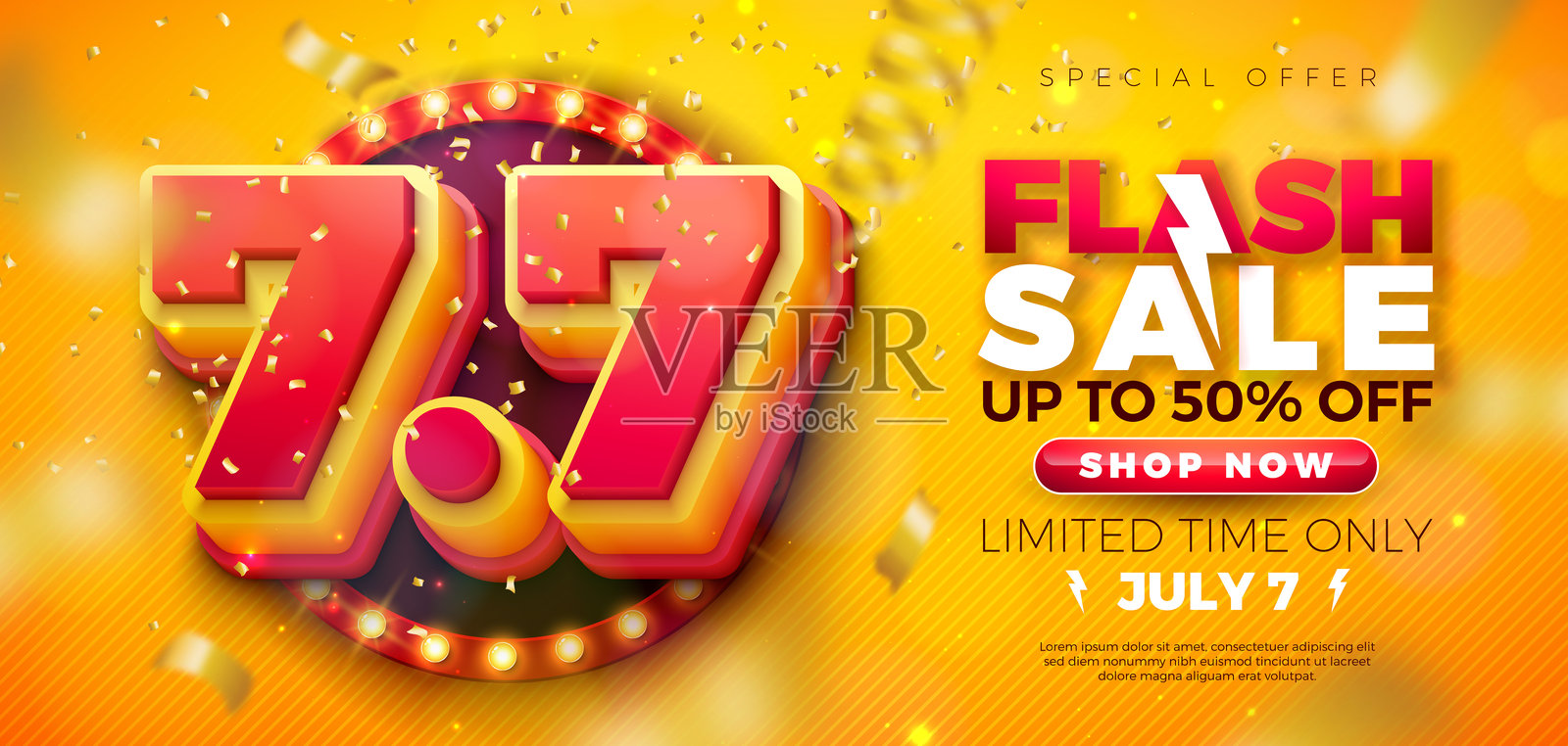 7月7日购物日闪购设计，带有3D 7.7多层数字、灯泡广告牌和舞台讲台，背景为黄色。夏季特惠50%折扣活动插图，适用于优惠券、代金券、横幅、传单和促销帖子。插画图片素材