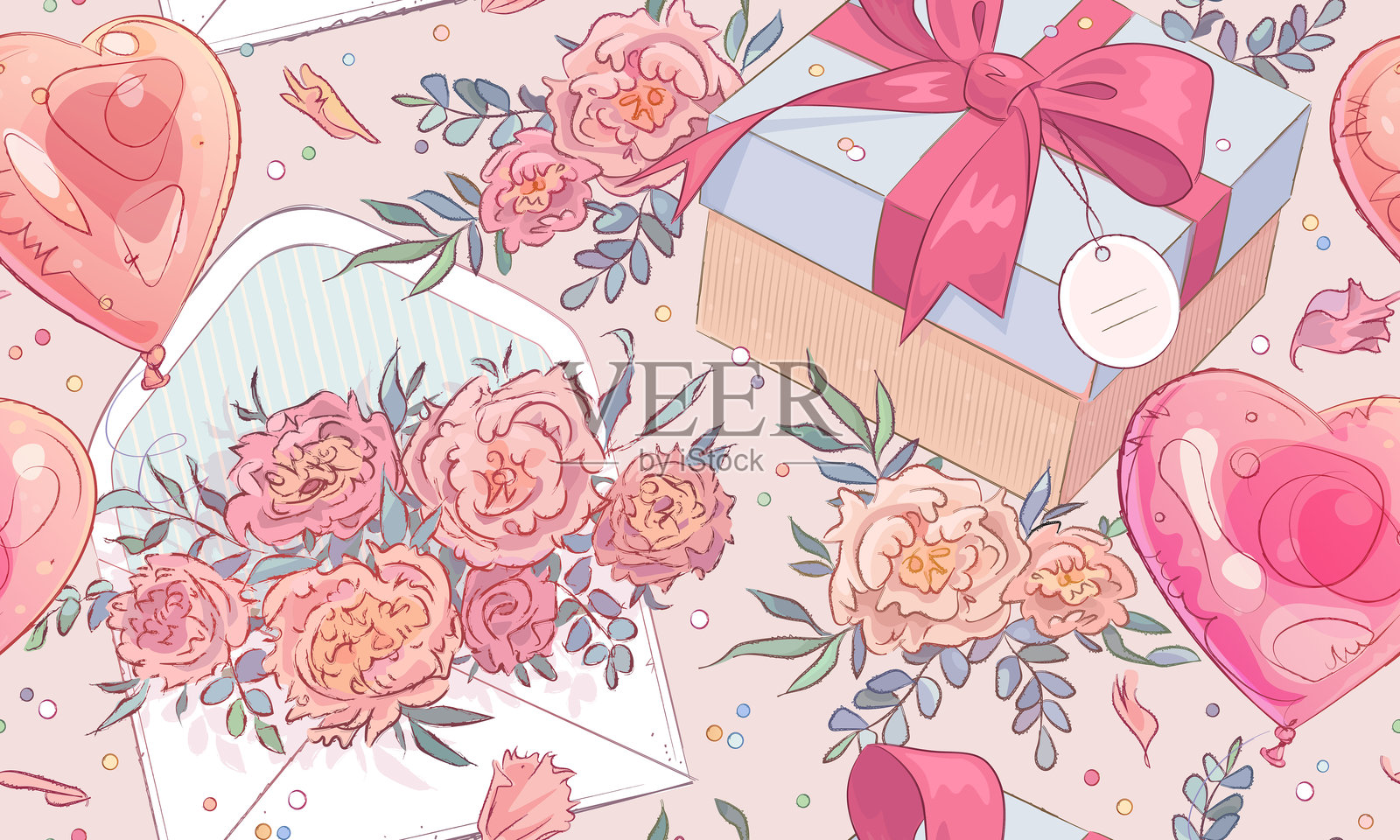 粉色背景上手绘礼品盒、信封、花朵和氦气球的无缝图案插画图片素材