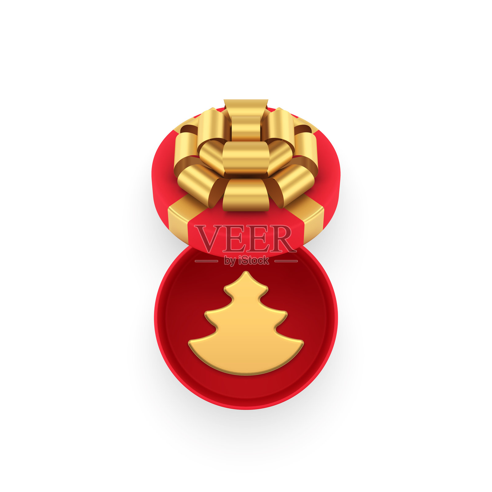 圣诞礼物包装，顶部视角的金色极简风格松树玩具3D图标，真实的矢量图插画图片素材
