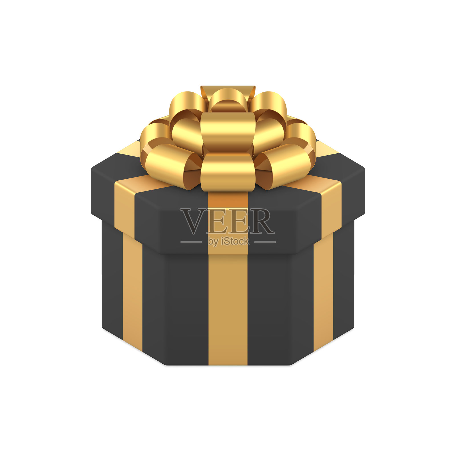 黑色六角礼品盒，配有奢华金色蝴蝶结，节日礼物3D图标，逼真矢量图插画图片素材