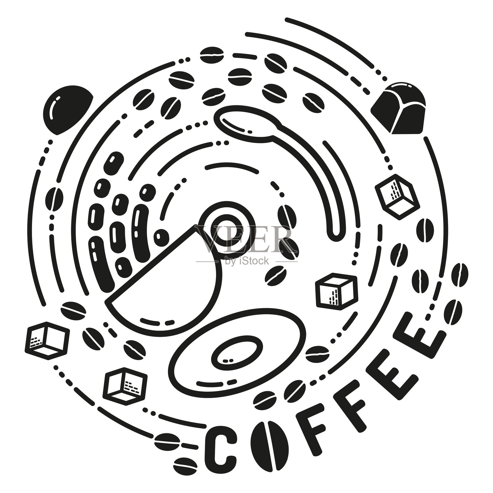 咖啡杯和原料在旋转中插画图片素材