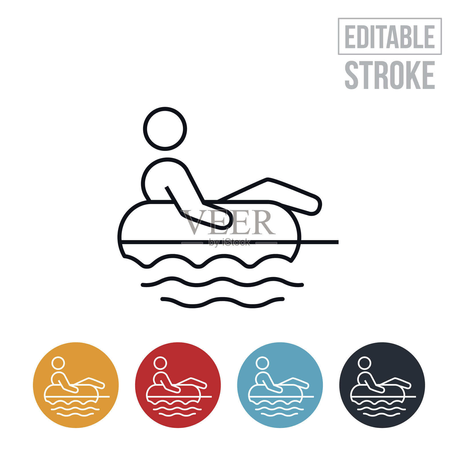 水中被拖拽的管子上的人细线图标 - 可编辑的线条插画图片素材