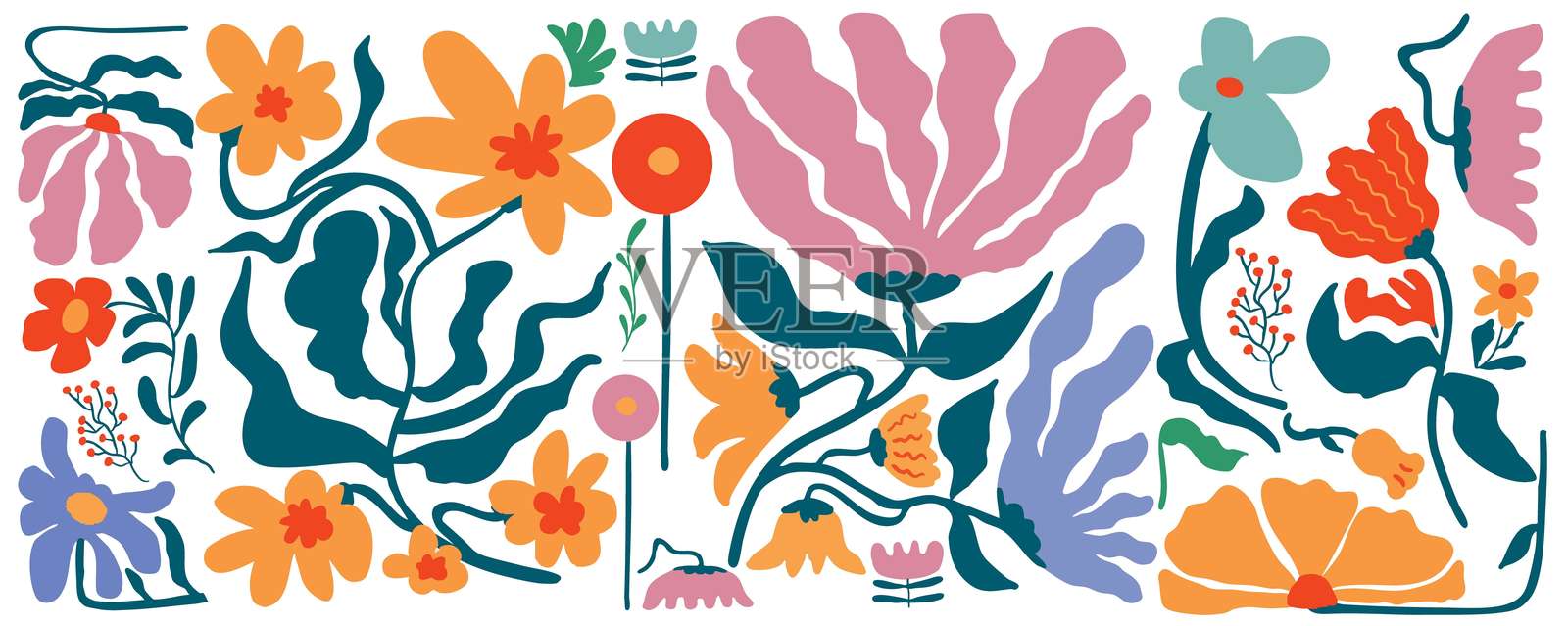 波浪形的花卉横幅背景，采用天真风格设计插画图片素材